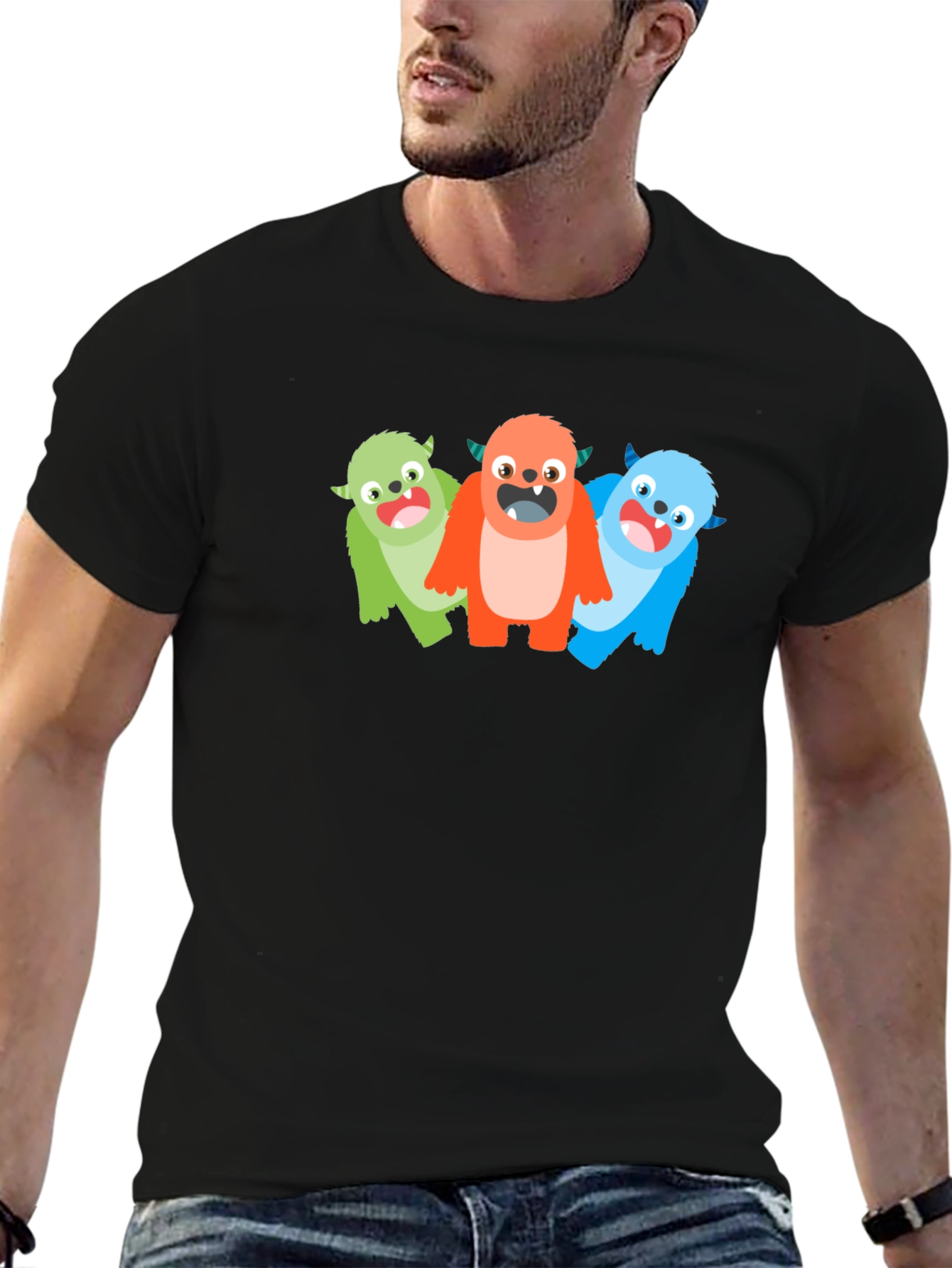 Black Monster Trio Graphic Tee - Fun Cartoon T-Shirt view 6