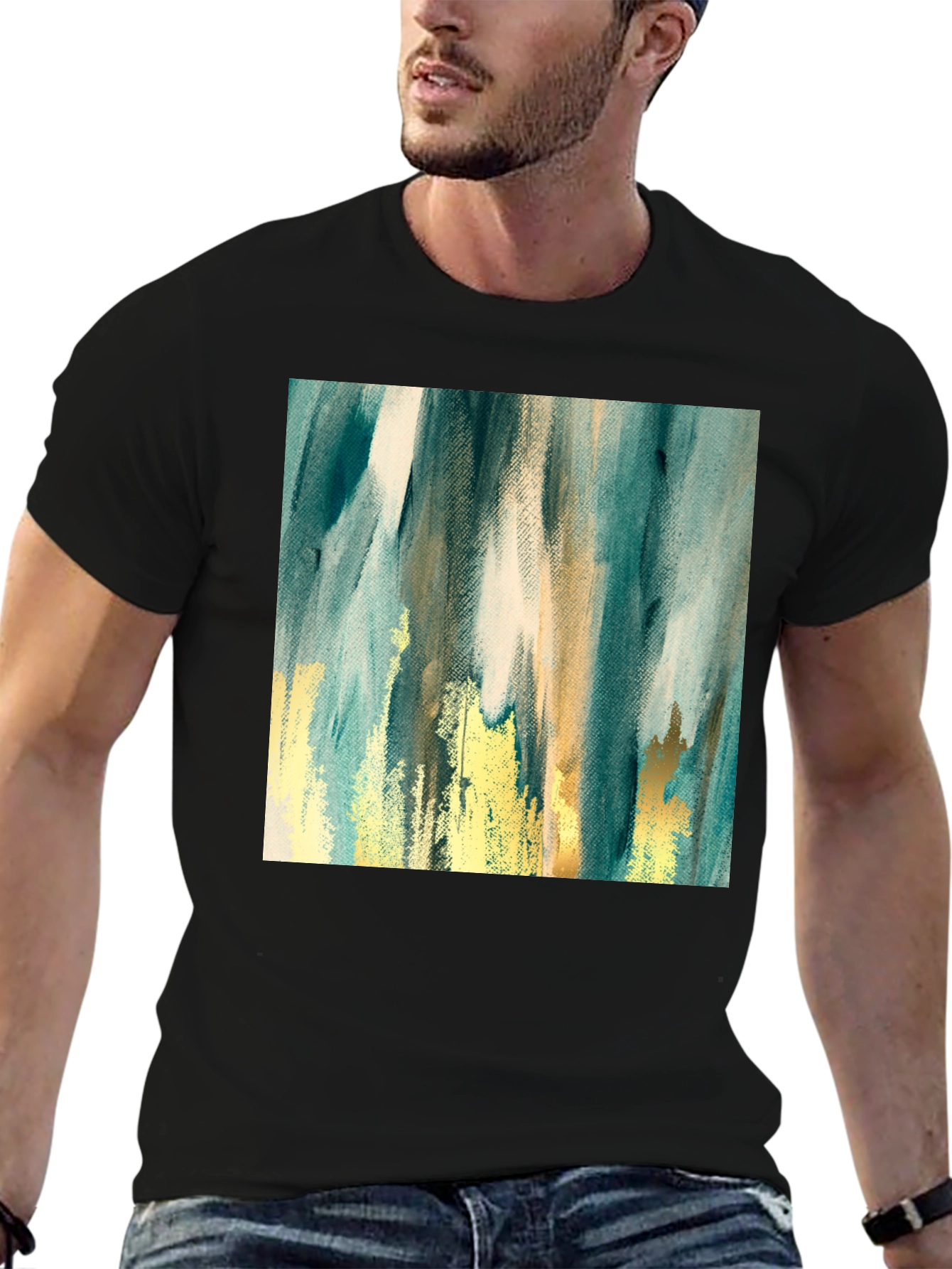 Black Abstract Art Print Black Crew Neck T-Shirt view 6