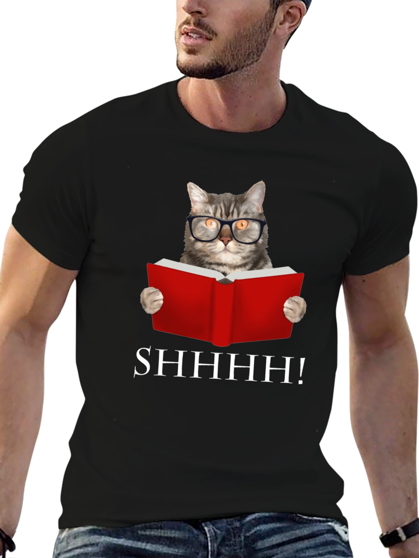 Black Shhh! Cat Reading Book Graphic Tee - Black view 6