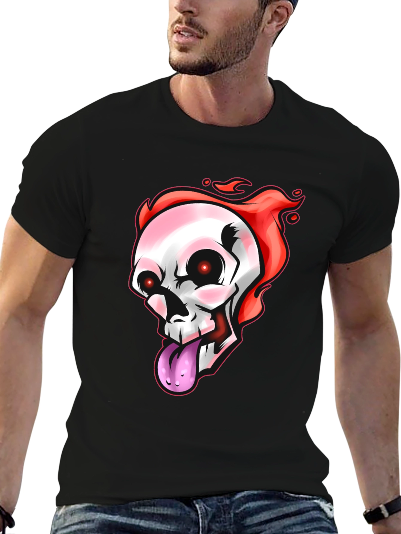 Black Flaming Skull Graphic Tee - Men's Black T-Shirt view 6