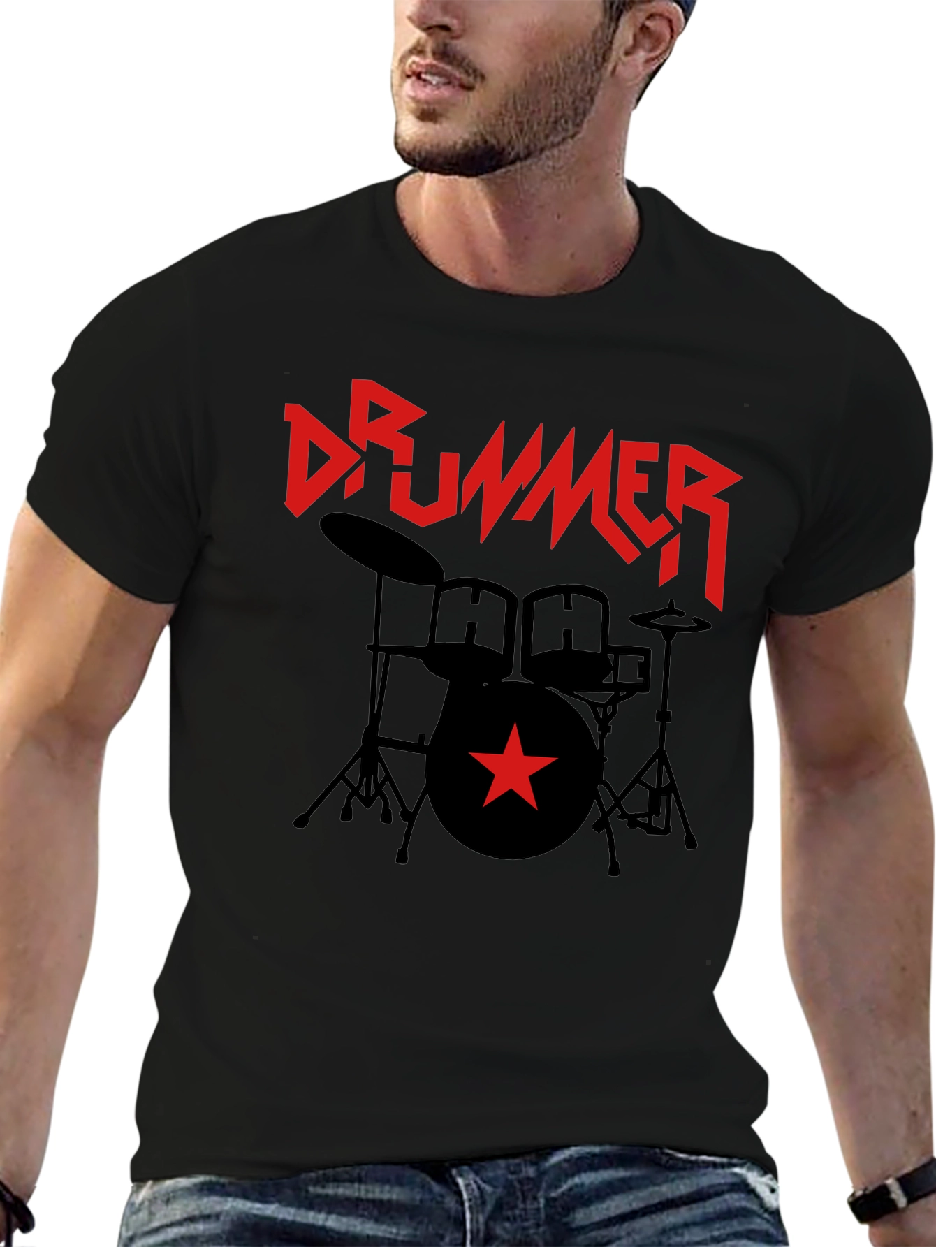 Black Drummer T-Shirt - Black Graphic Tee with Red Star & Drum Set view 6
