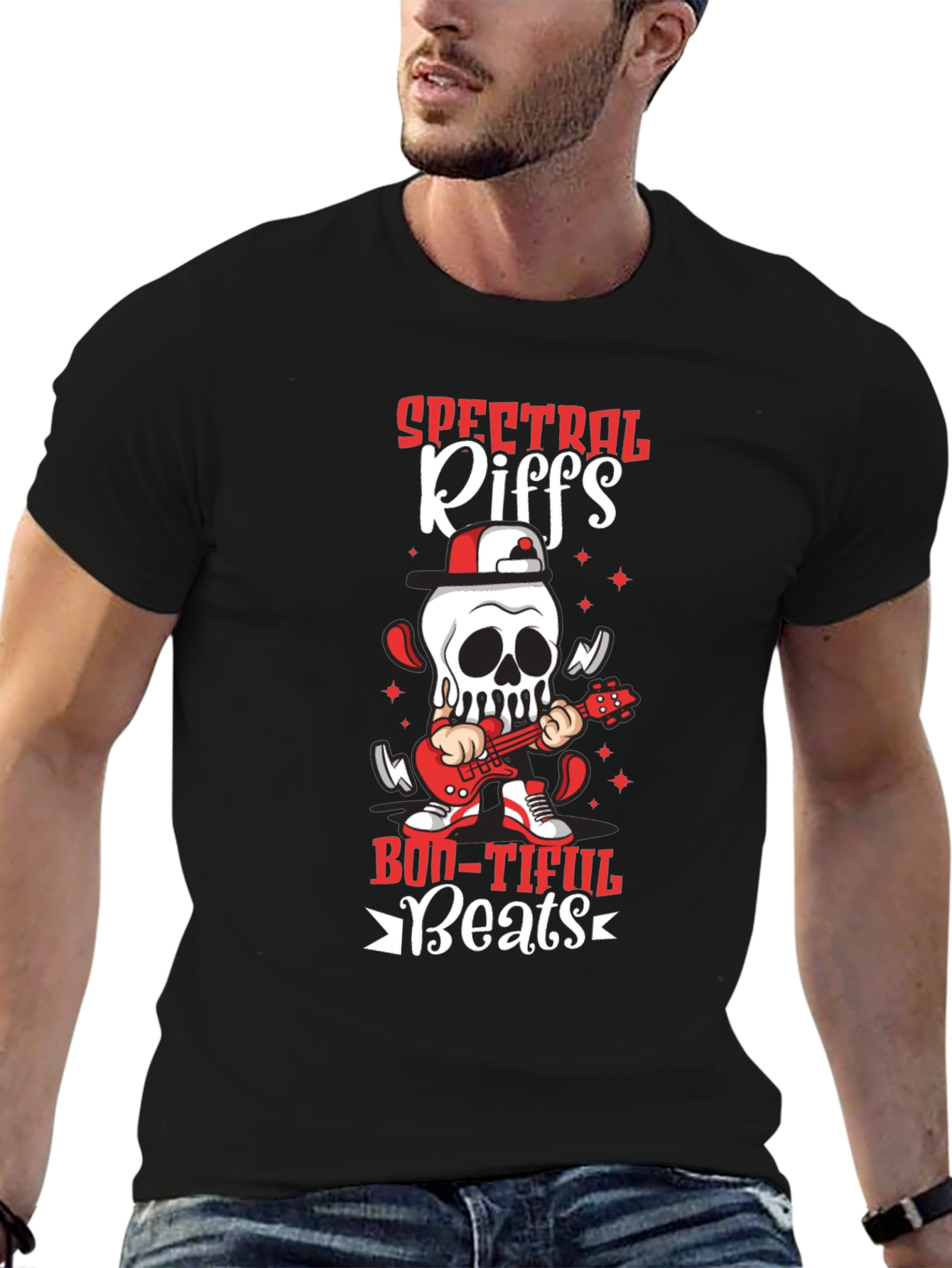 Black Spectral Riffs Boo-Tiful Beats T-Shirt - Rocking Skeleton view 6