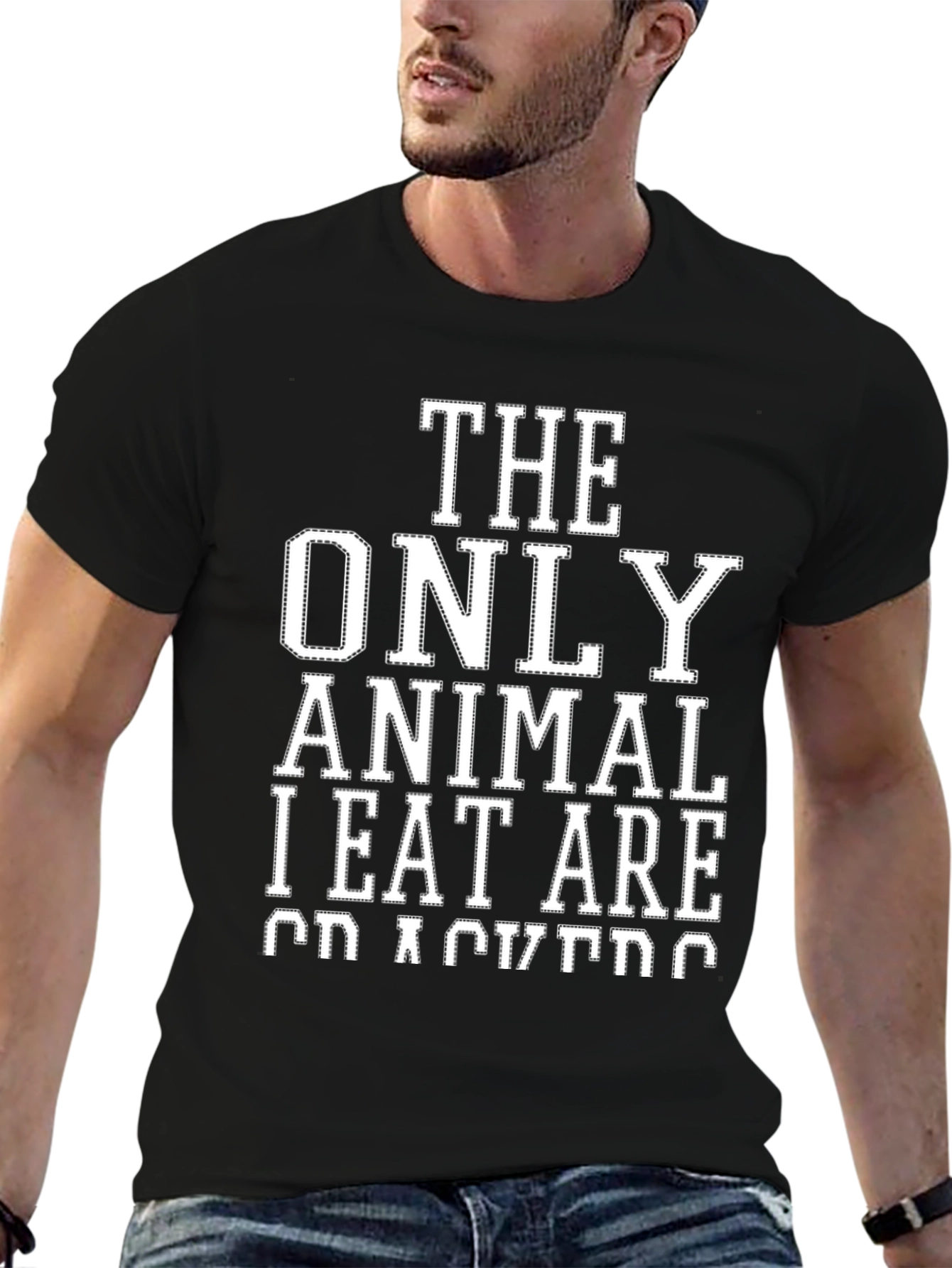Black Vegan Humor T-Shirt: The Only Animal I Eat Are Crackers view 6