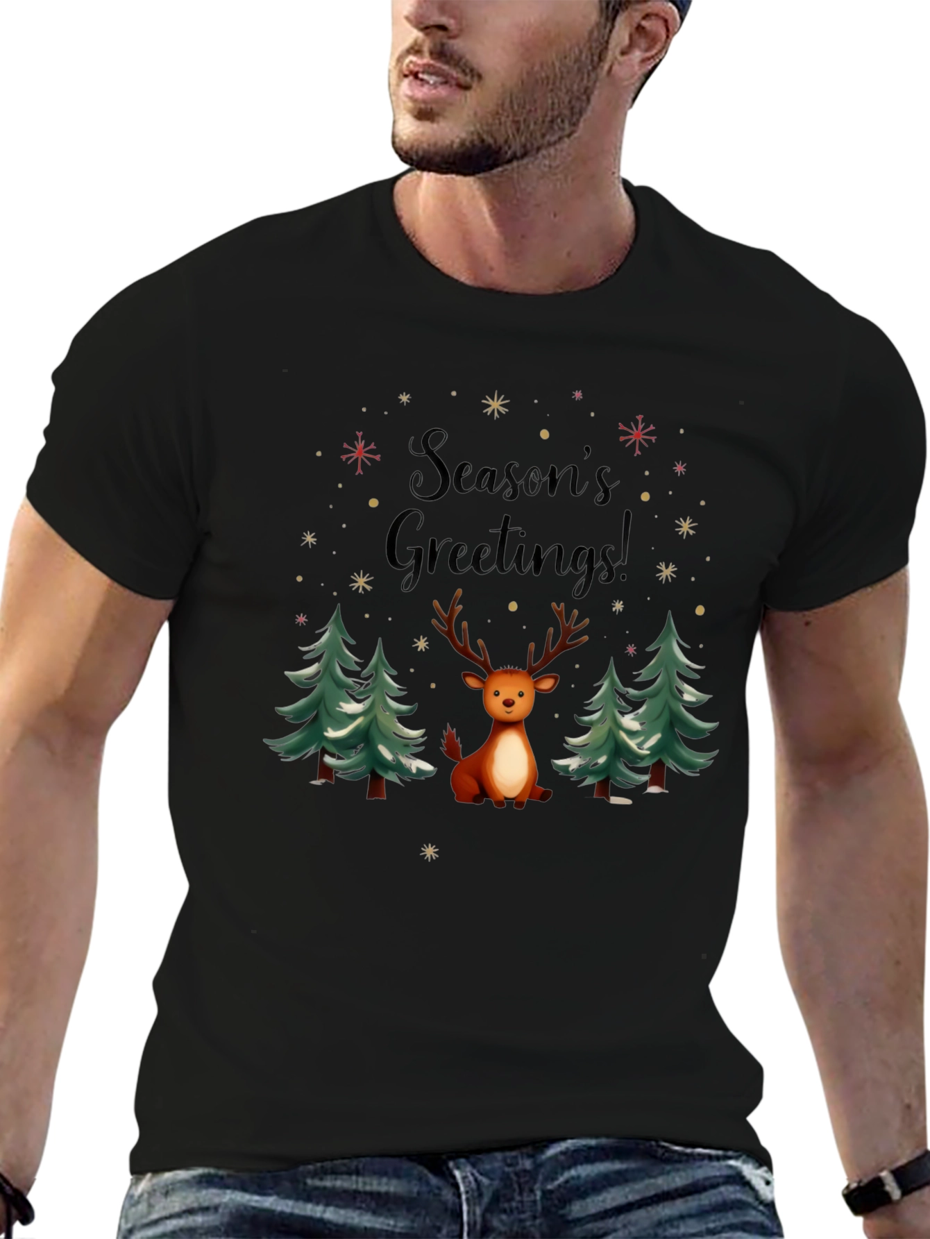 Black Season's Greetings Reindeer Holiday T-Shirt view 6