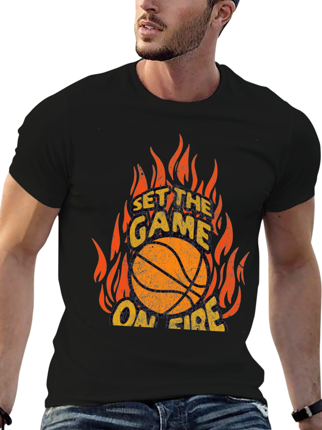 Black Set the Game On Fire Basketball Graphic Tee view 6