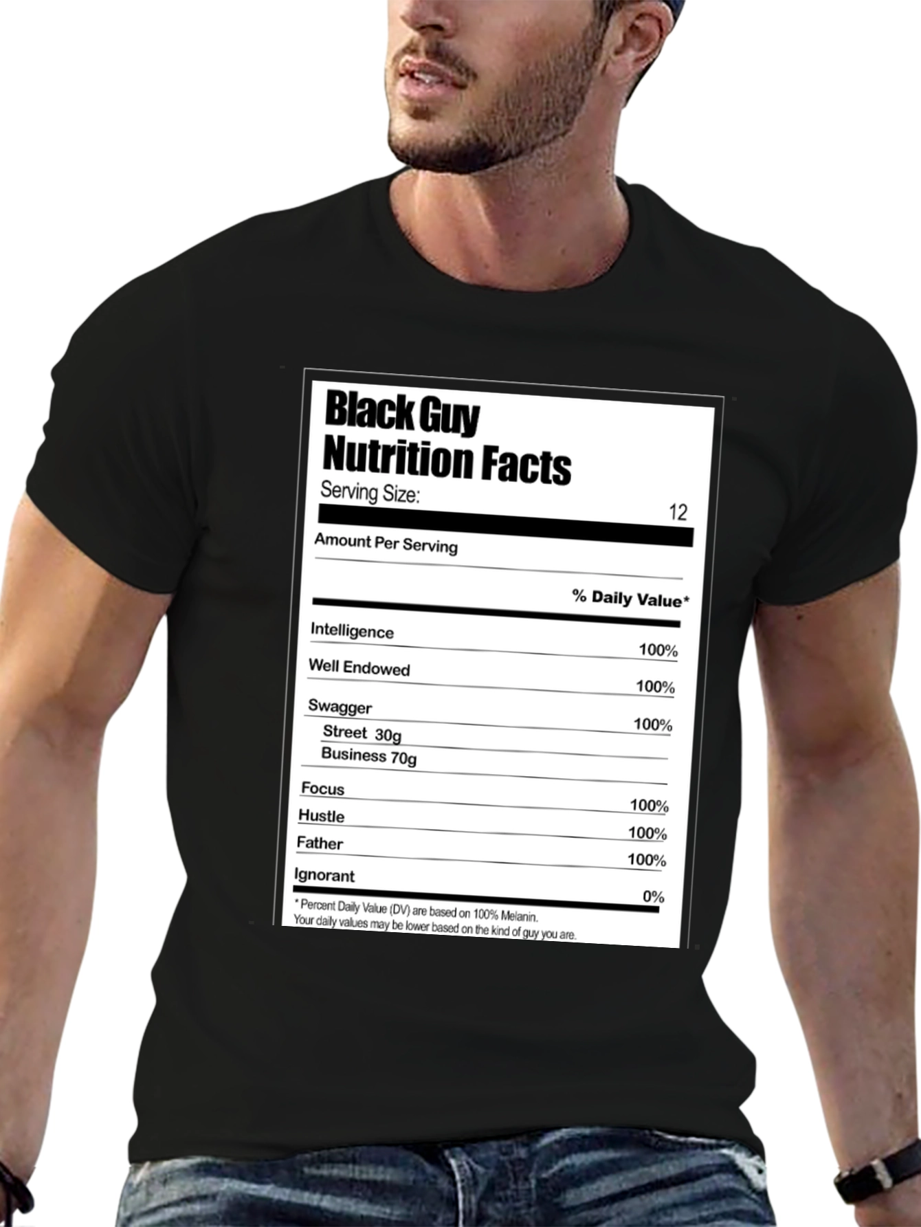 Black Black Guy Nutrition Facts Graphic T-Shirt view 6