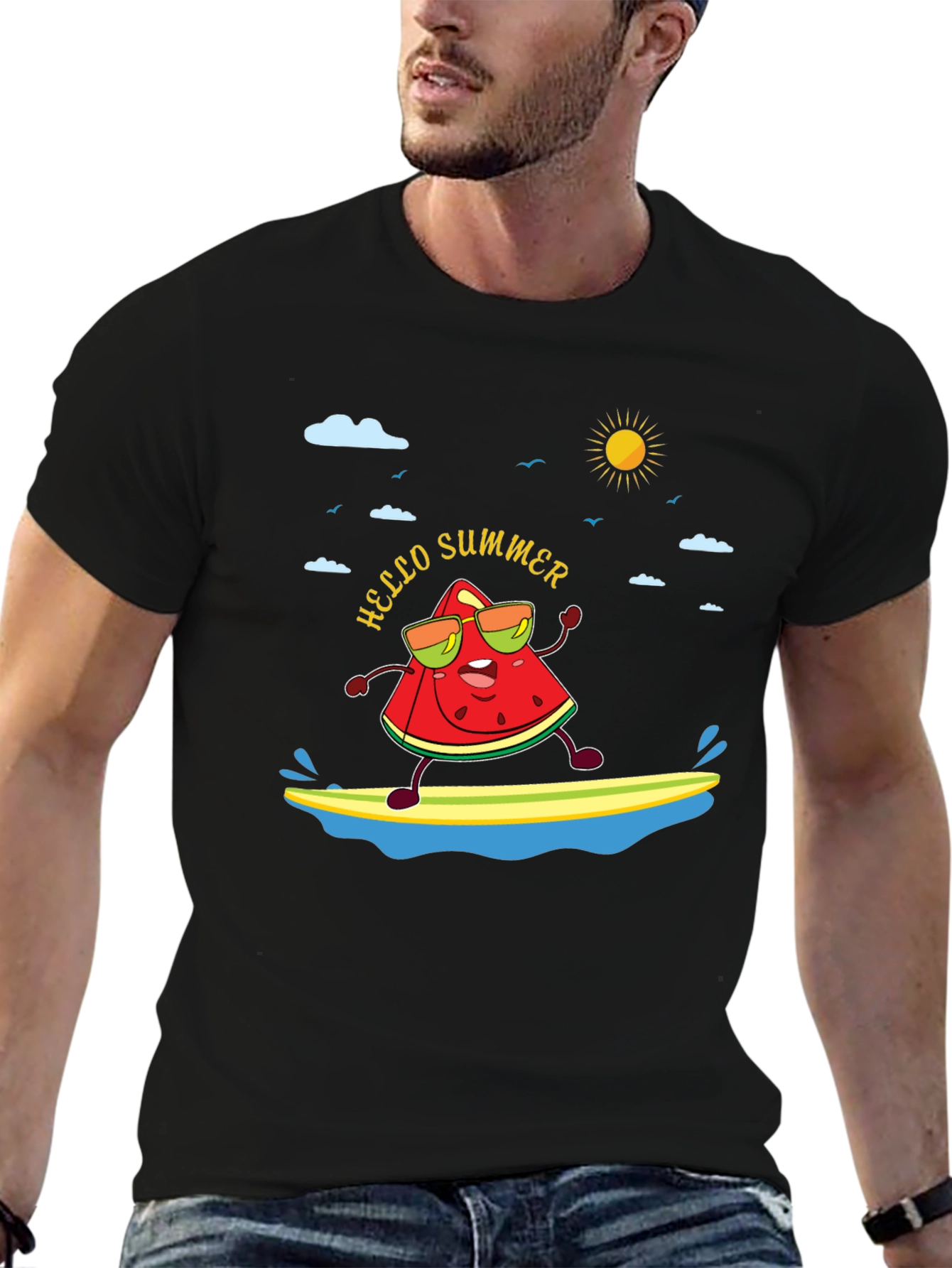 Black Hello Summer Watermelon Surfing T-Shirt view 6