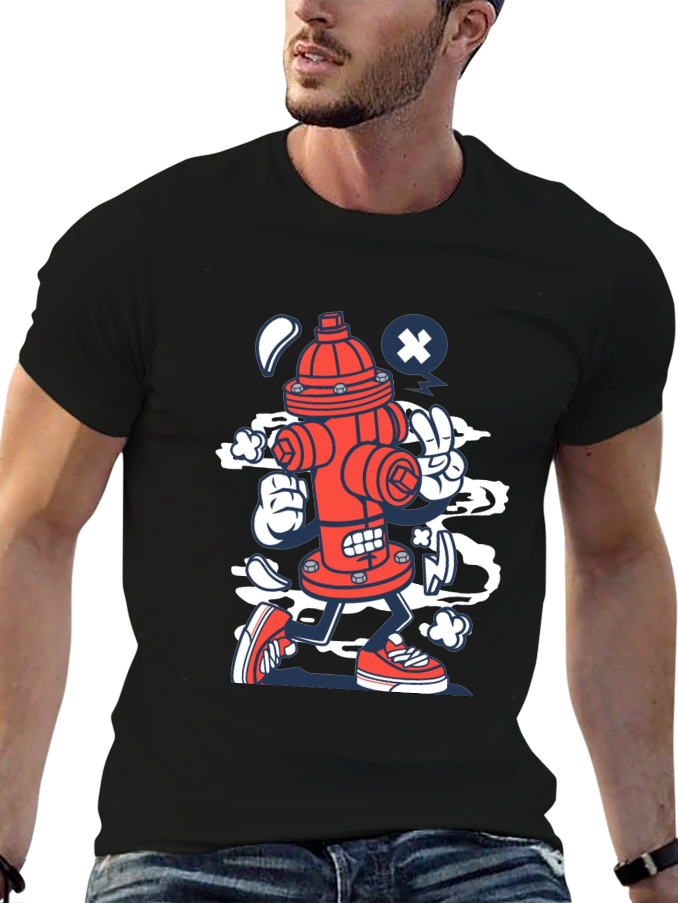 Black Cartoon Fire Hydrant Graphic Tee - Black Cotton Shirt view 6