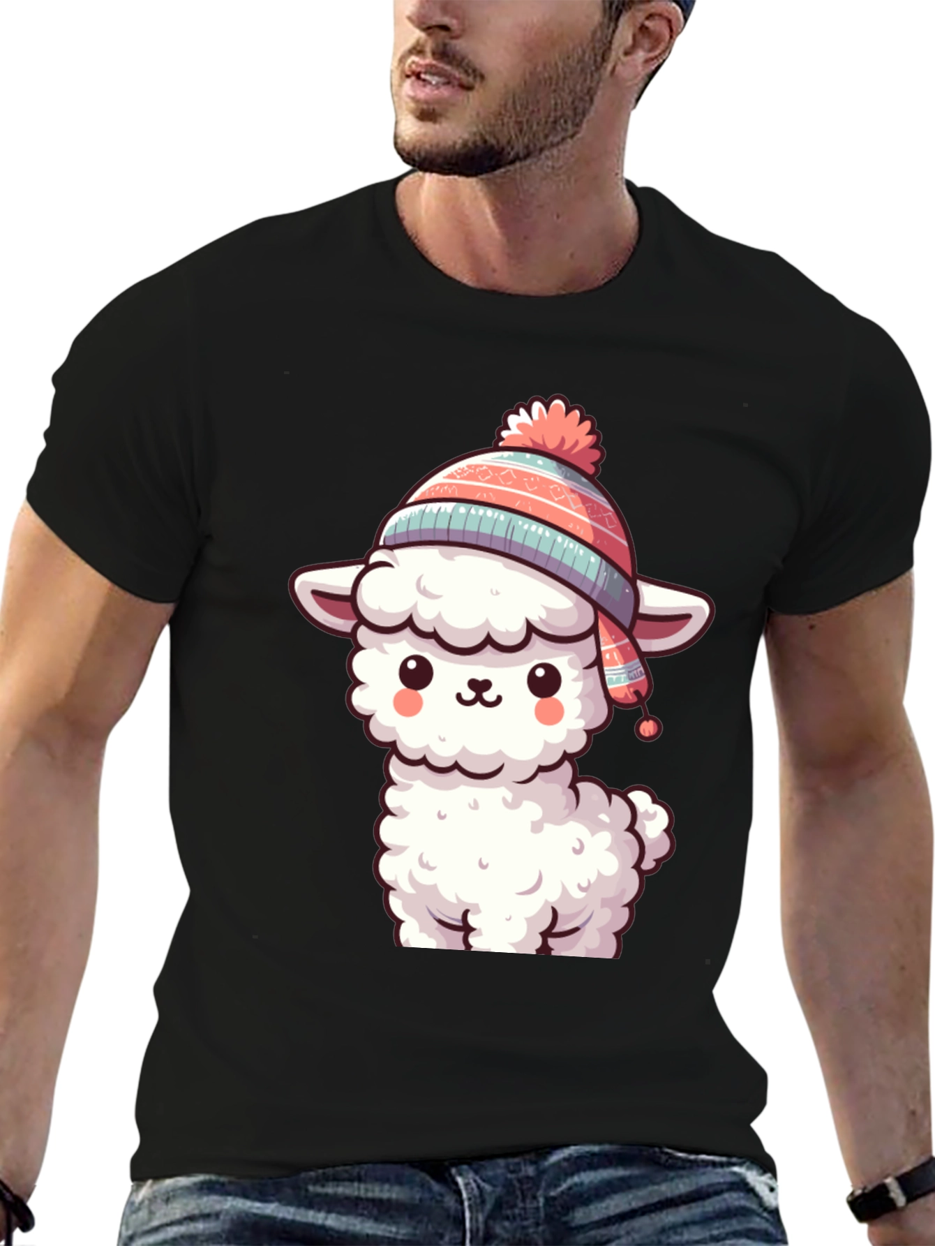 Black Cute Llama in Hat Graphic Tee view 6