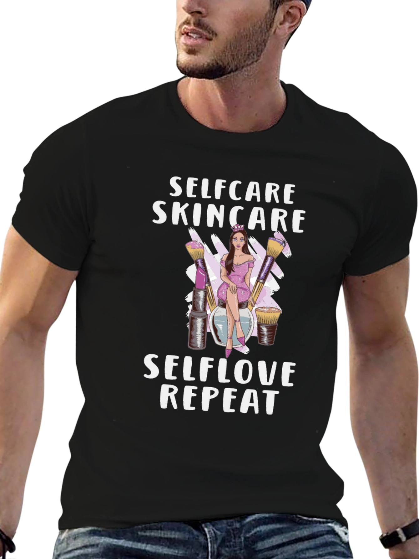 Black Selfcare Skincare T-Shirt: Selflove Repeat Design view 6