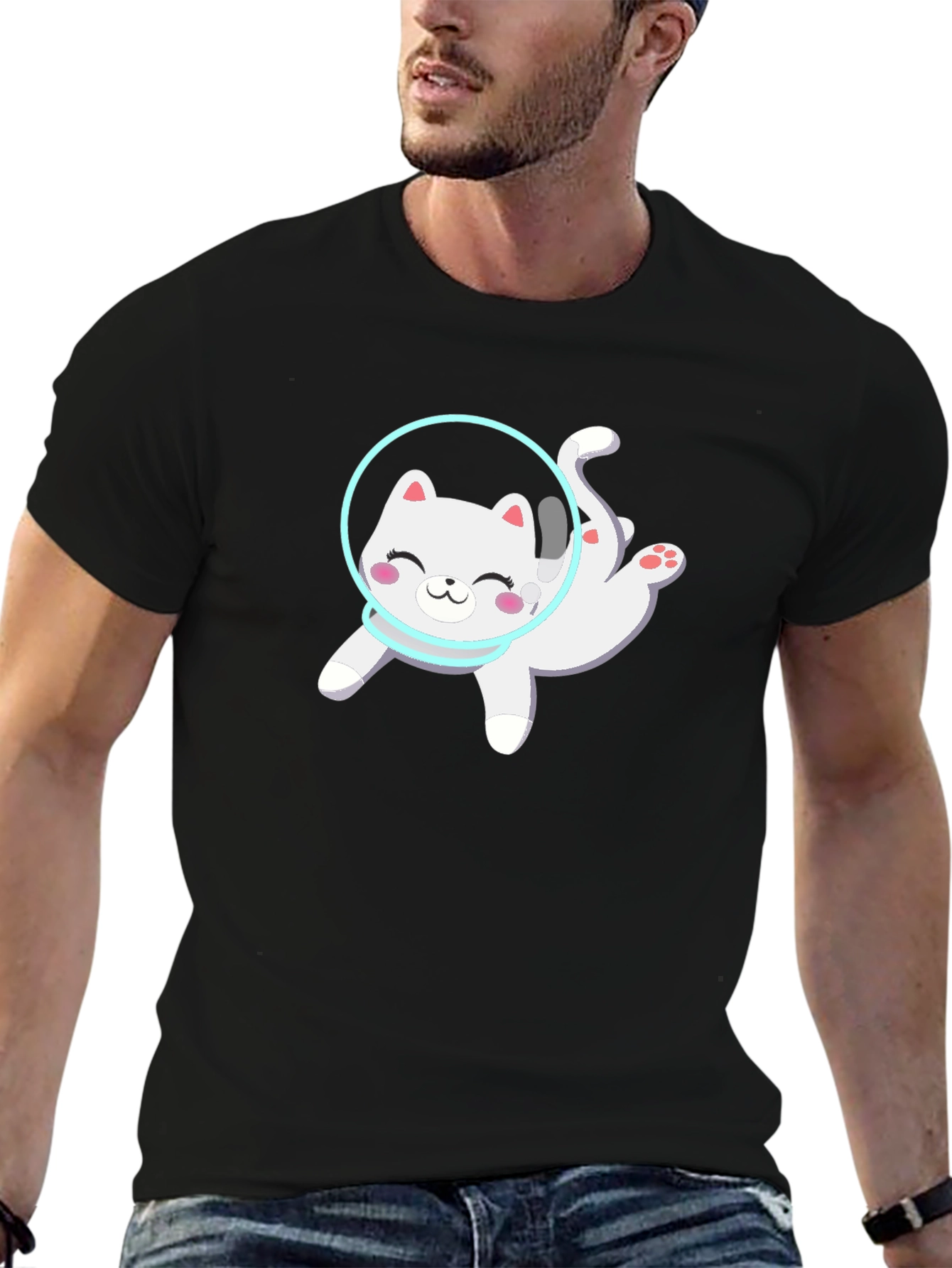 Black Astronaut Cat Black T-Shirt - Cute Space Kitty Design view 6