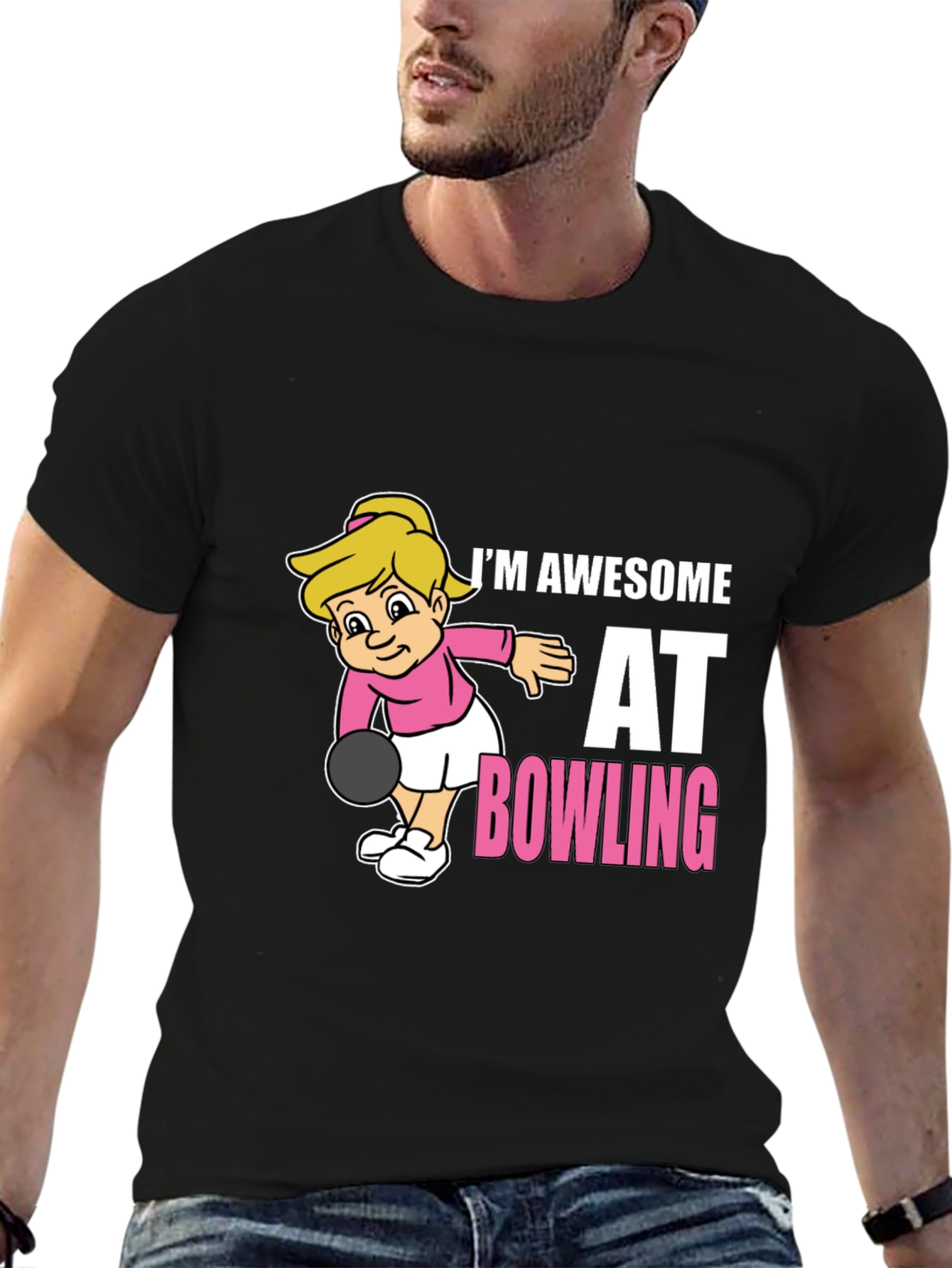 Black Awesome Bowler T-Shirt - Cartoon Girl Bowling Design view 6