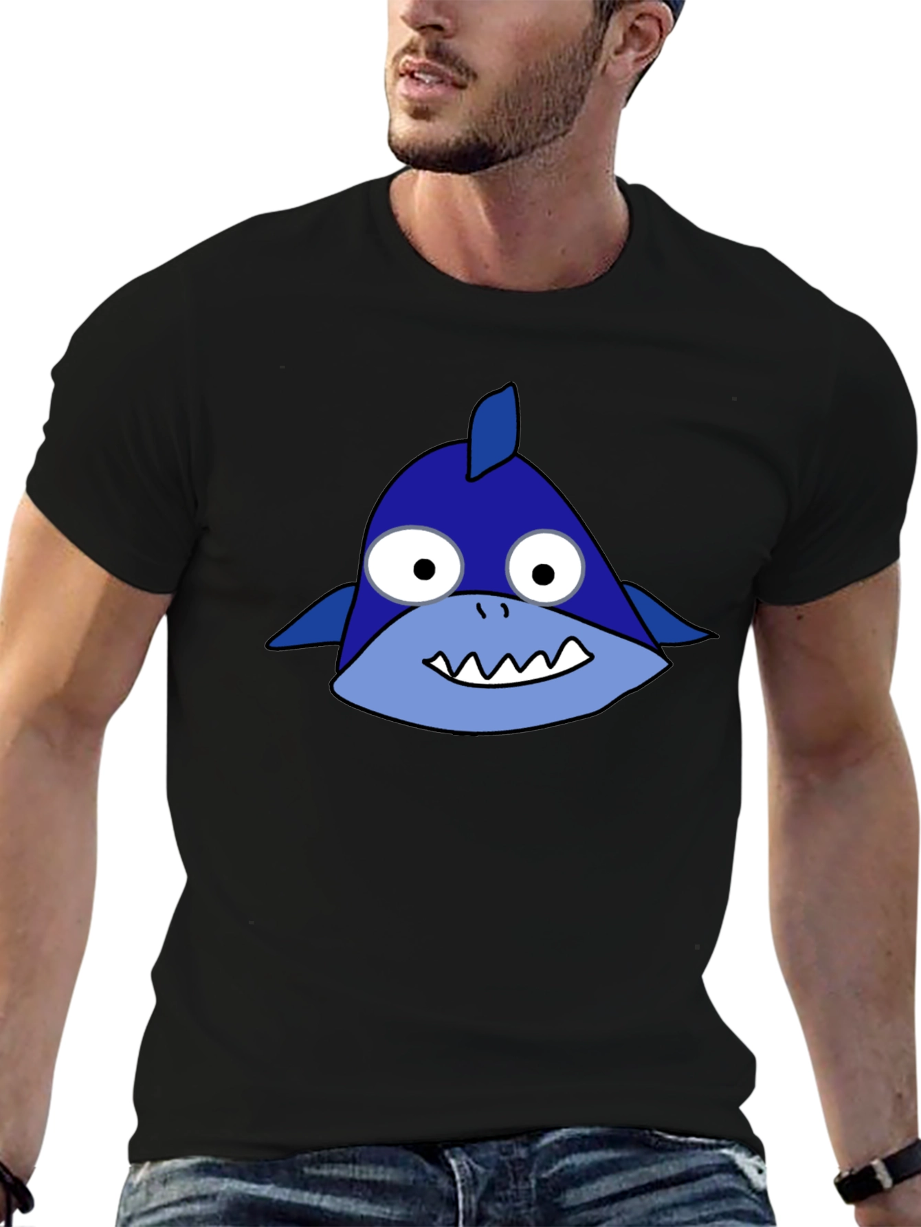 Black Cartoon Shark Graphic Black Tee Shirt view 6
