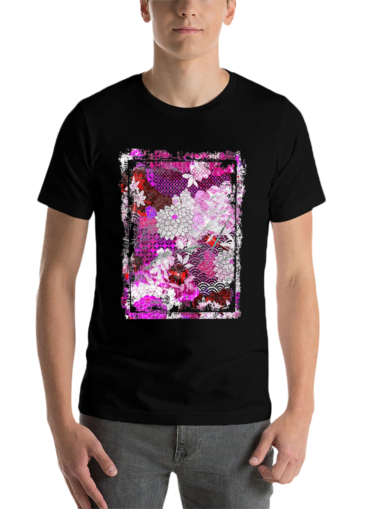Black Floral Pattern Graphic Tee - Black view 7
