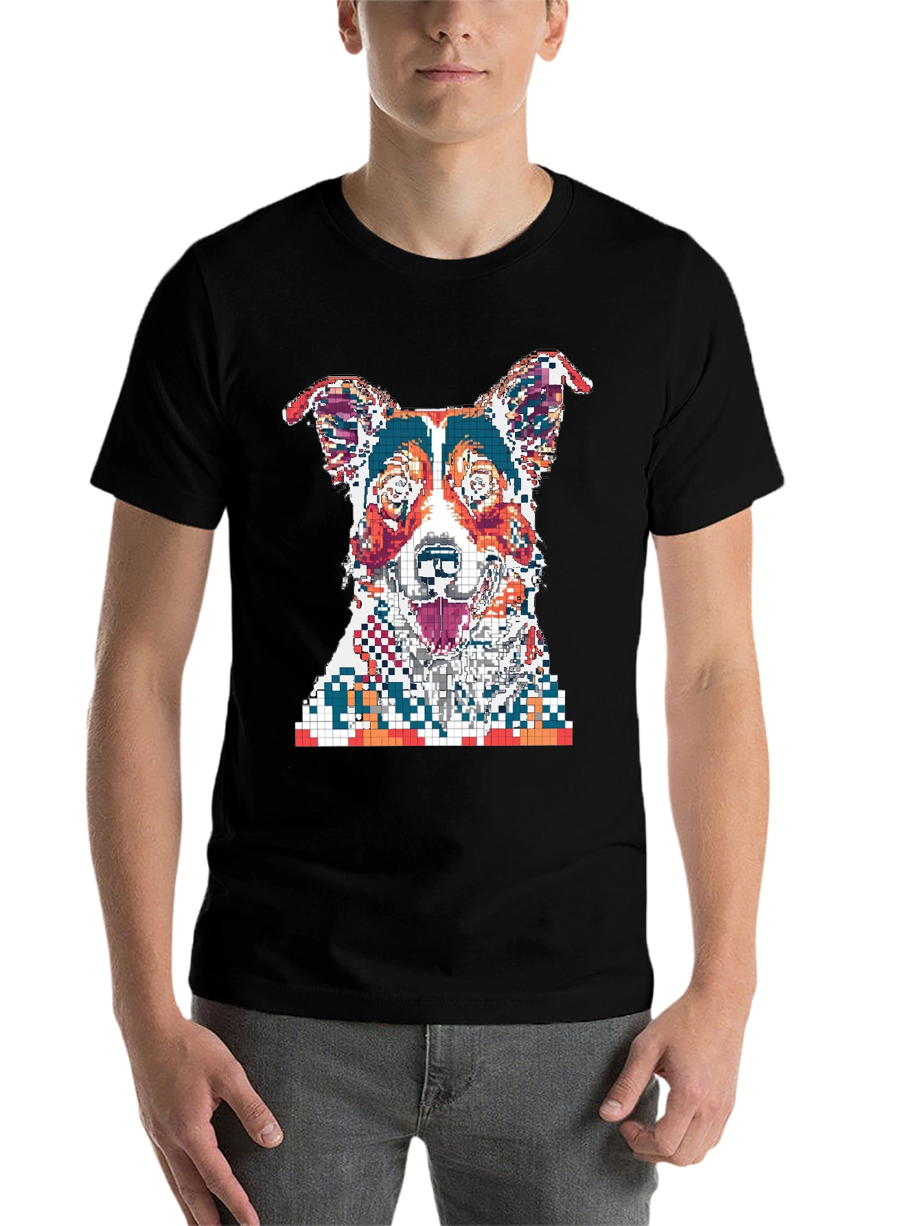 Black Pixelated Dog Graphic Print Black T-Shirt view 7