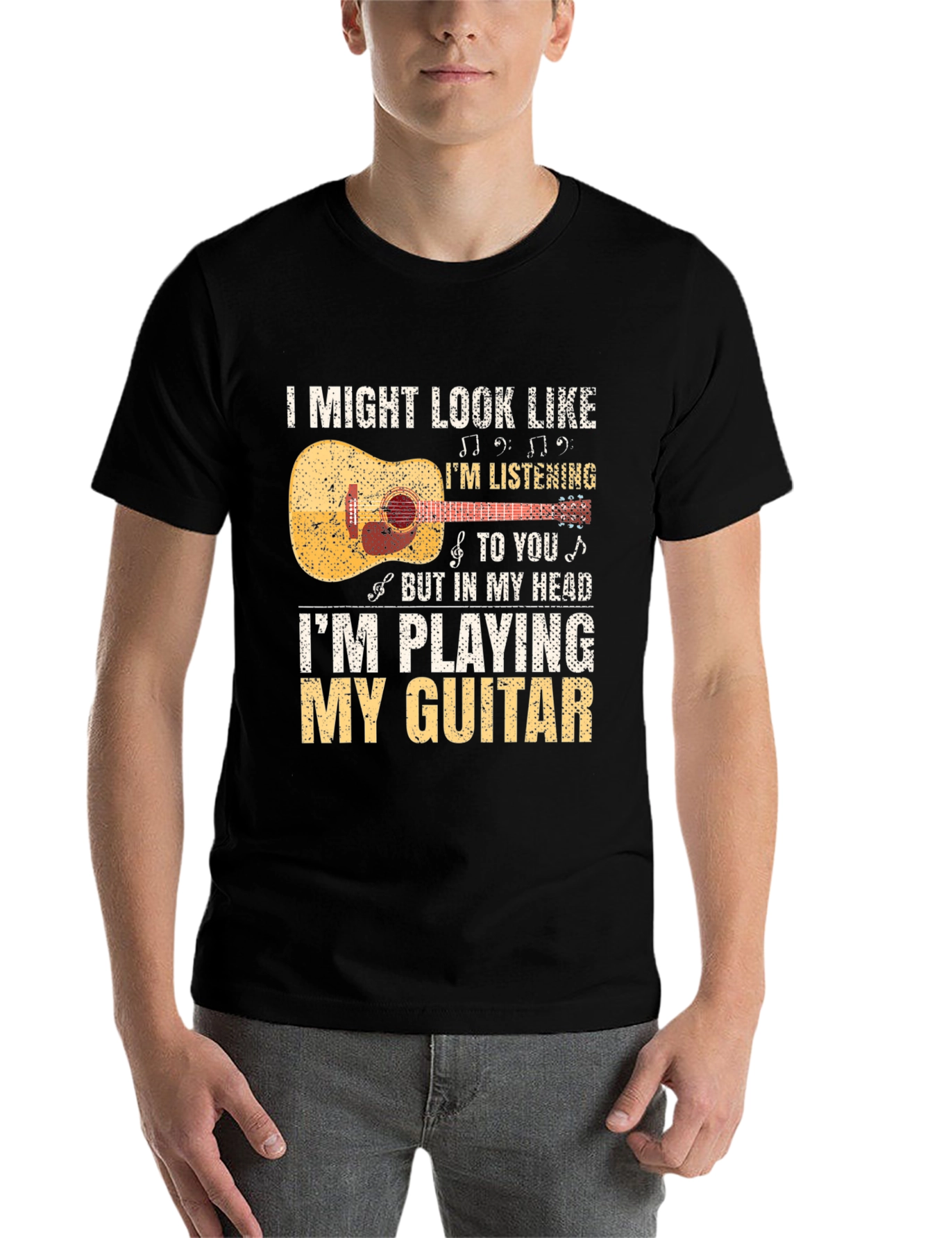Black Guitar Player T-Shirt: Listening With My Head view 7