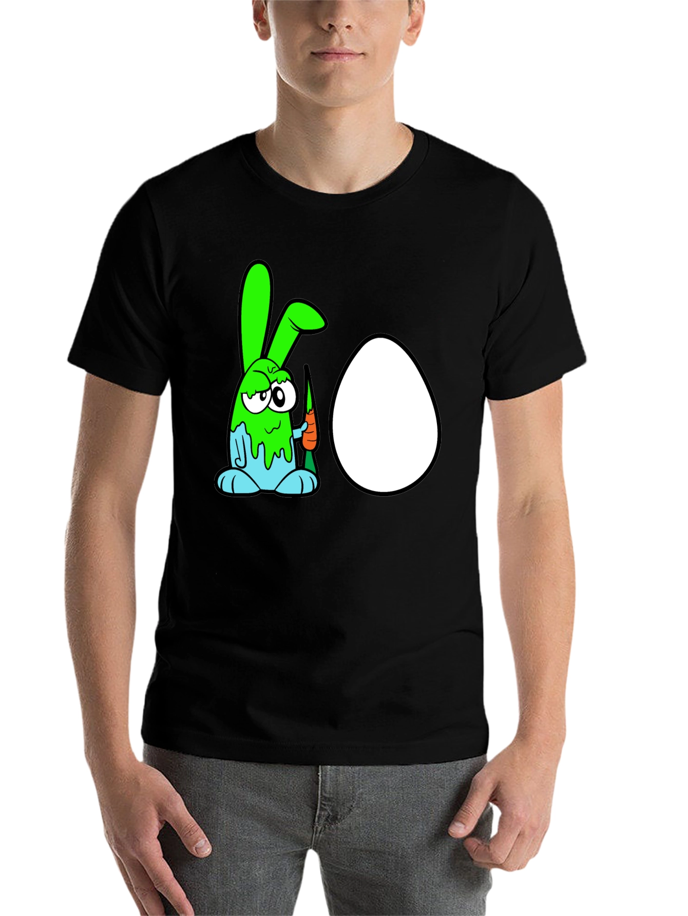 Black Funny Cartoon Bunny & Egg Graphic Black T-Shirt view 7