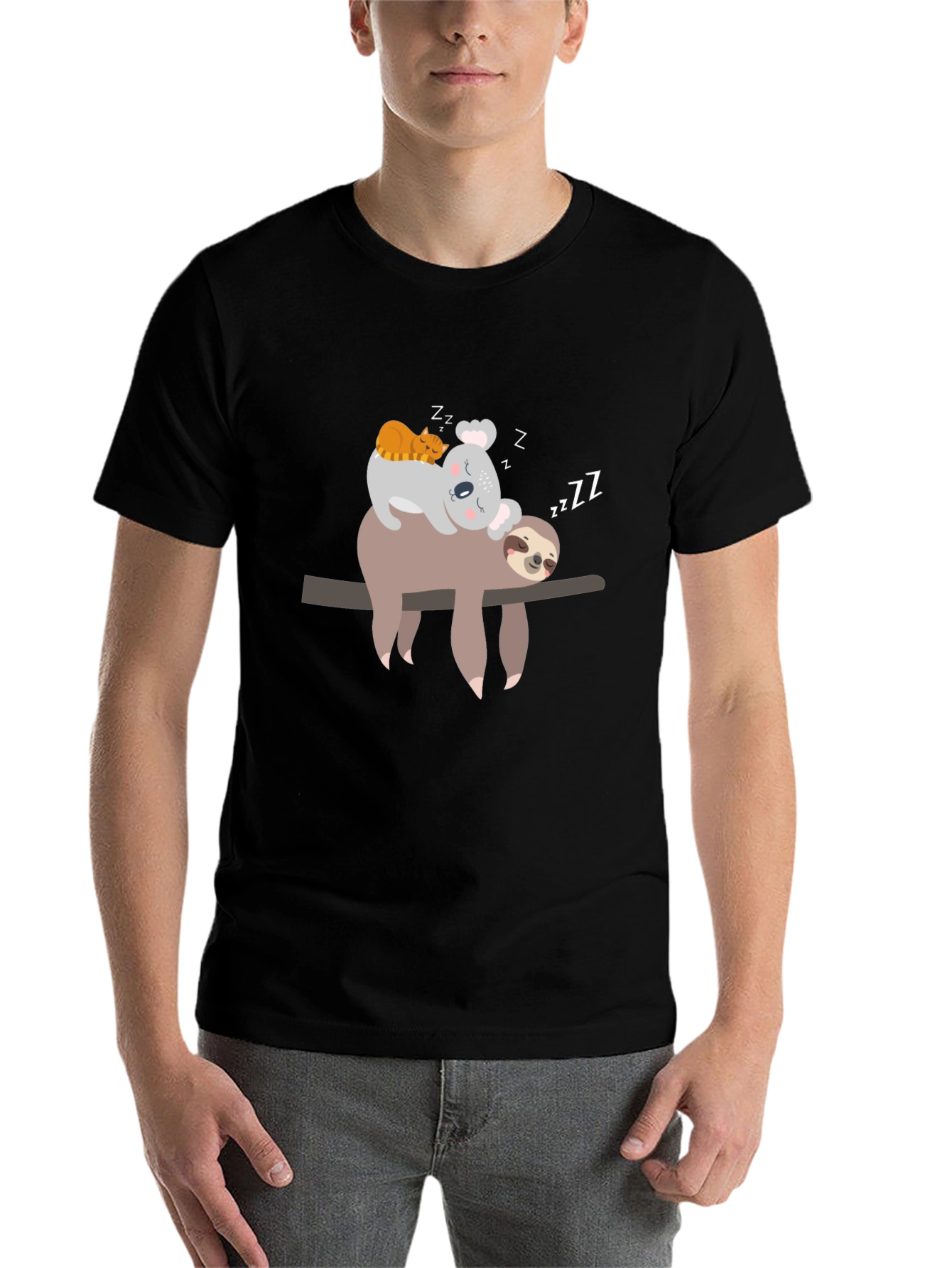 Black Cute Sloth, Koala, Cat Sleeping T-Shirt view 7