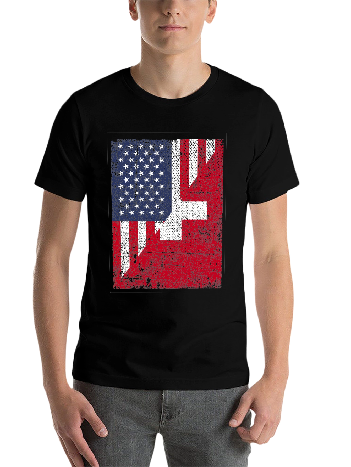 Black US & Swiss Flag Graphic T-Shirt view 7