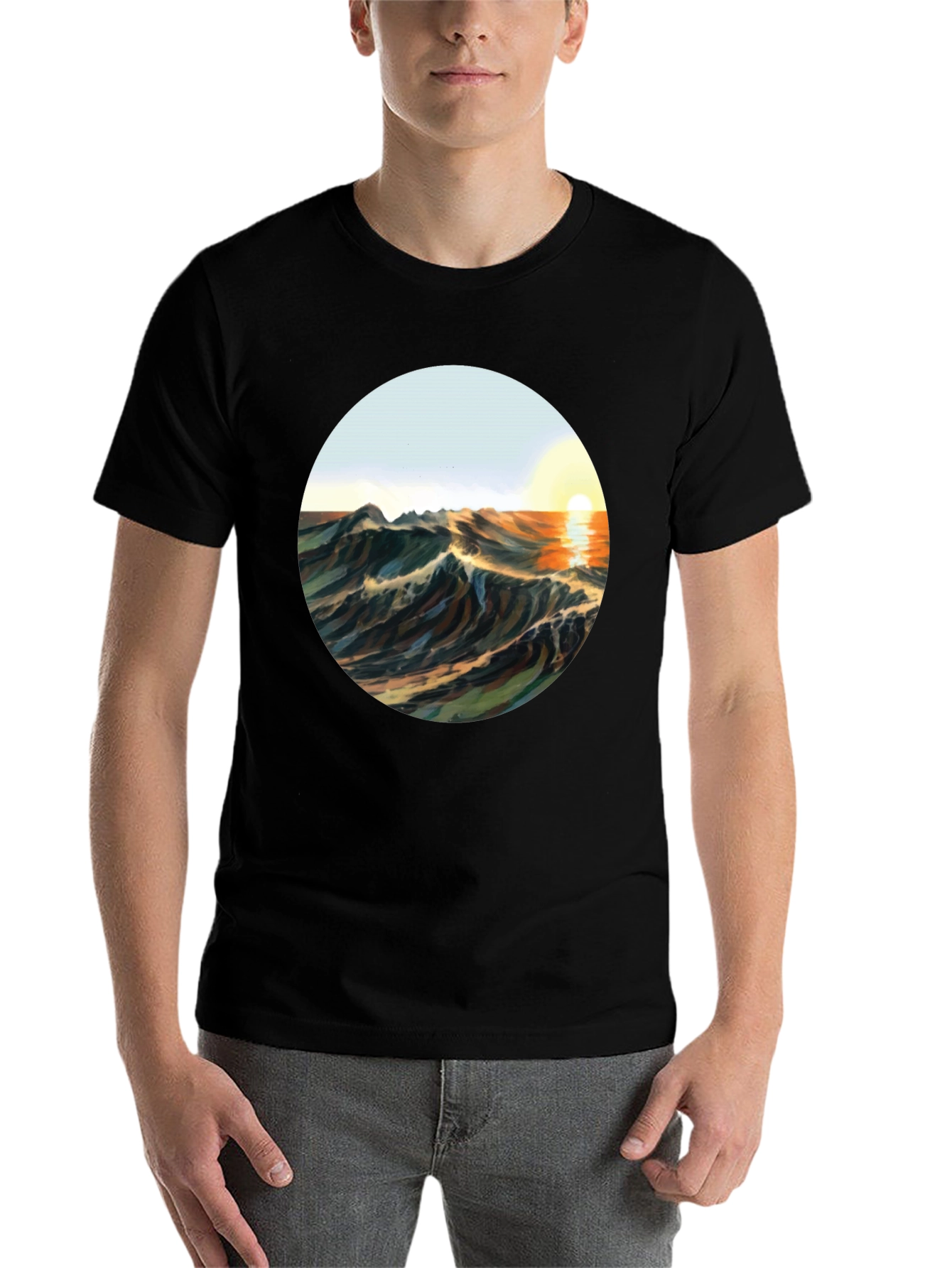 Black Sunrise Waves Graphic Tee - Black Cotton Blend view 7