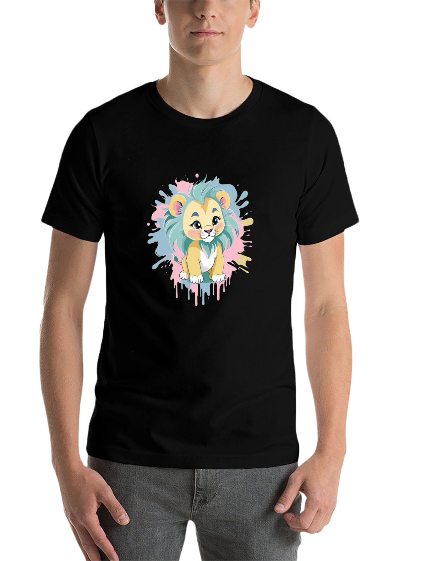 Black Cute Cartoon Lion Graphic Tee - Black Cotton Blend view 7