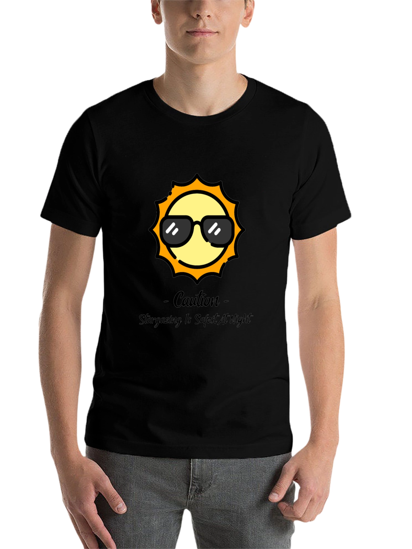 Black Cool Sun Graphic Tee - Stargazing Caution T-Shirt view 7