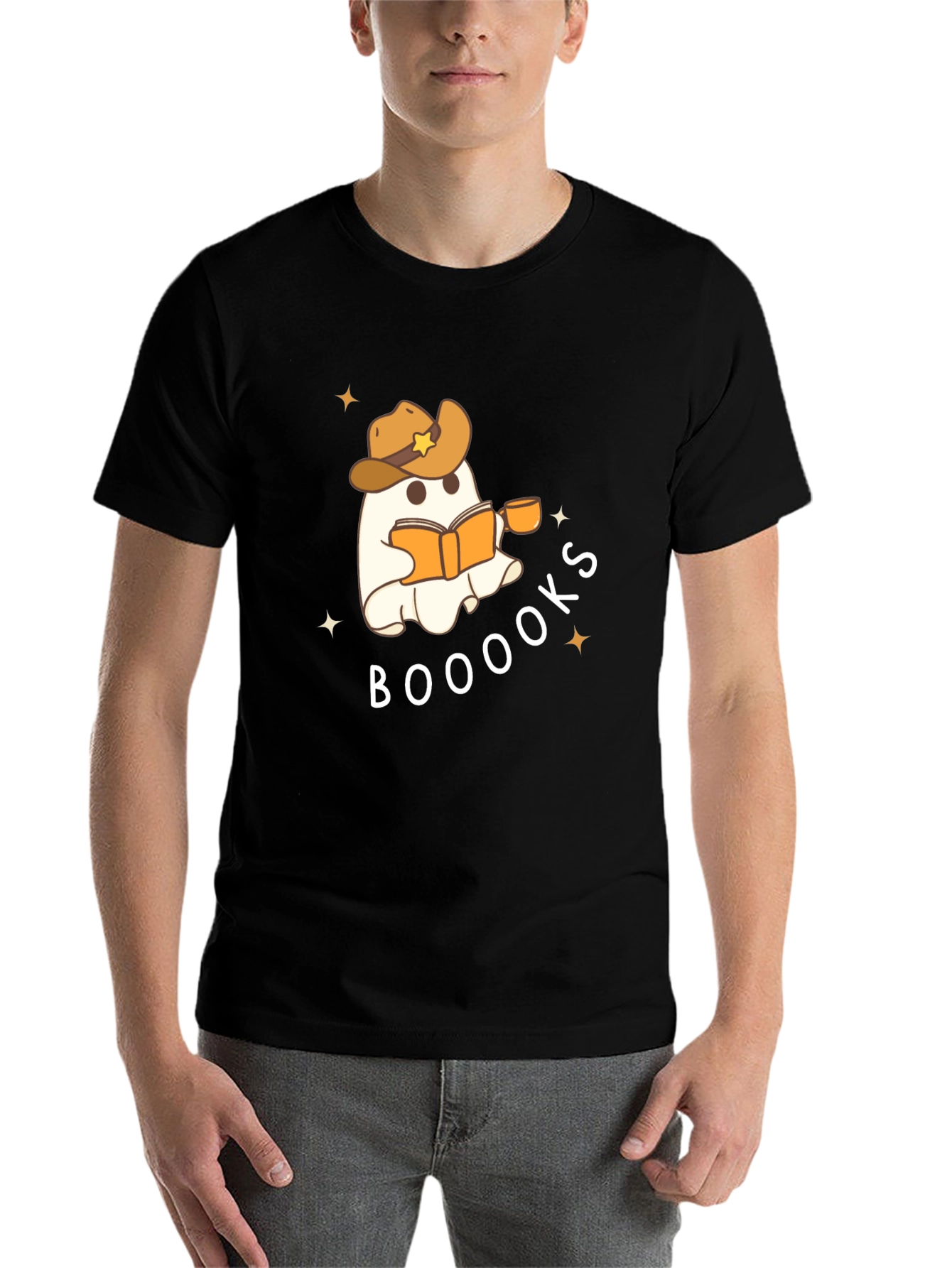 Black Booooks Ghost Reading Cowboy Hat T-Shirt view 7