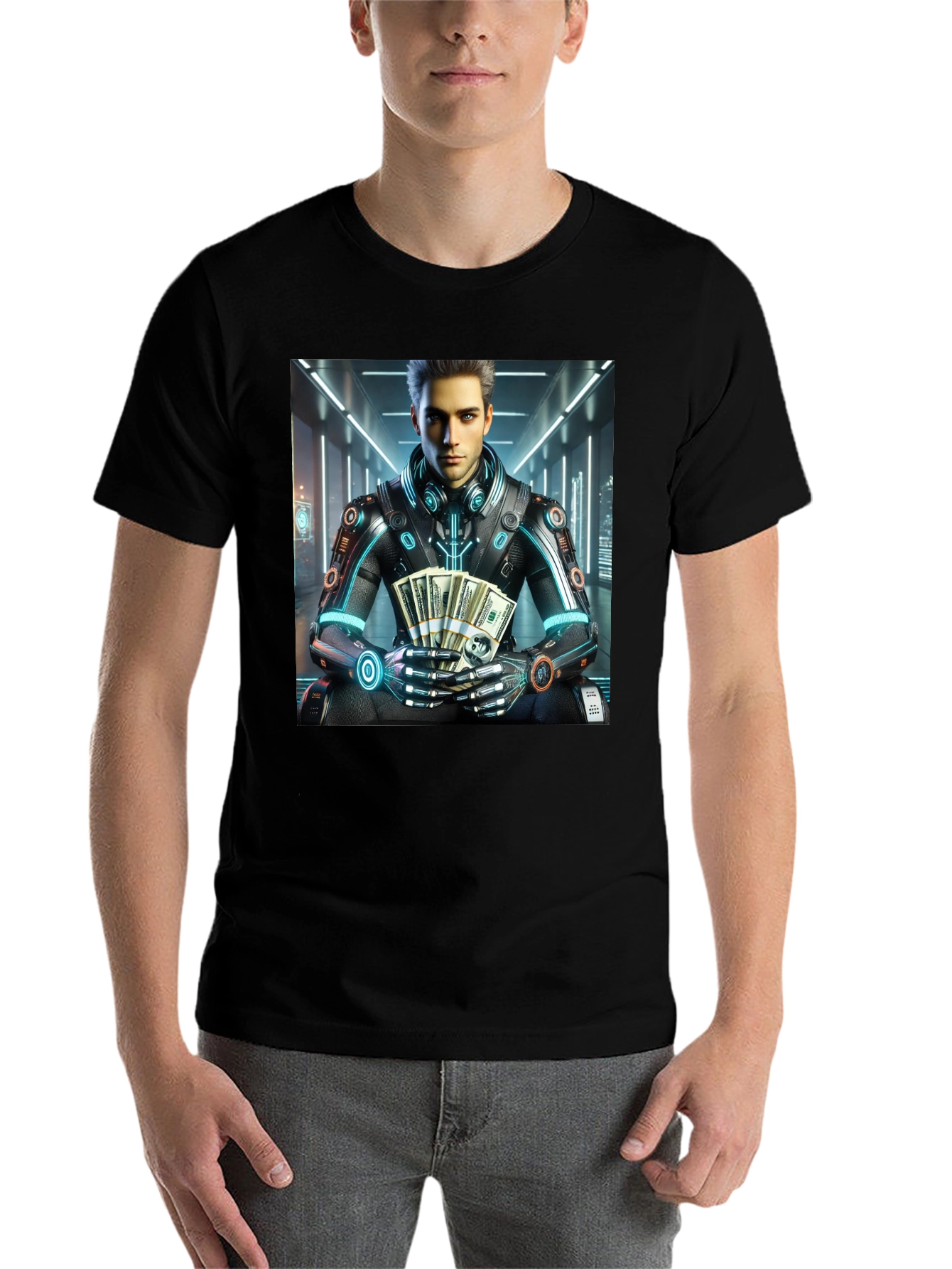 Black Cyberpunk Rich Guy T-Shirt - Futuristic Style view 7