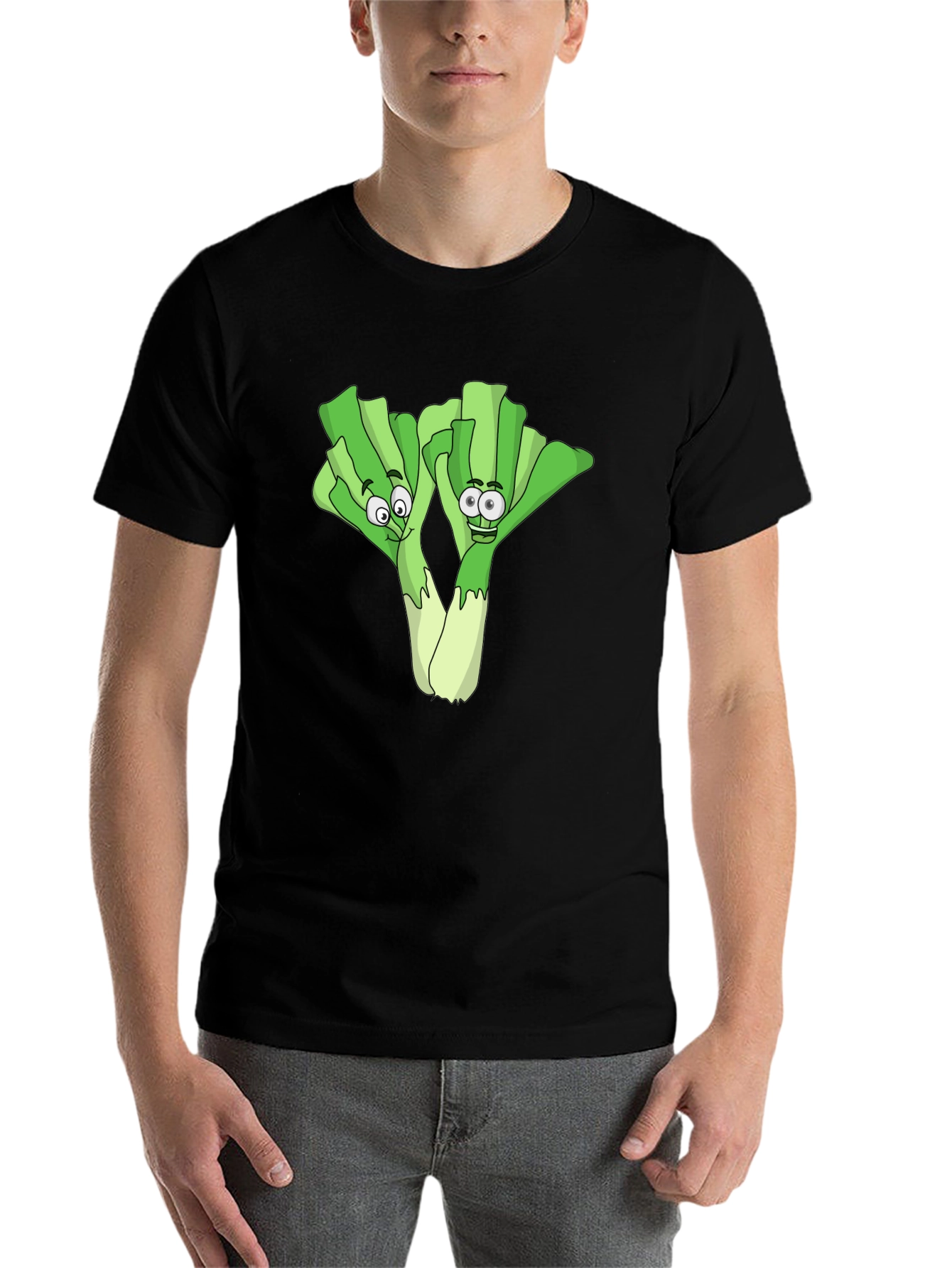 Black Funny Leek Cartoon Black T-Shirt view 7