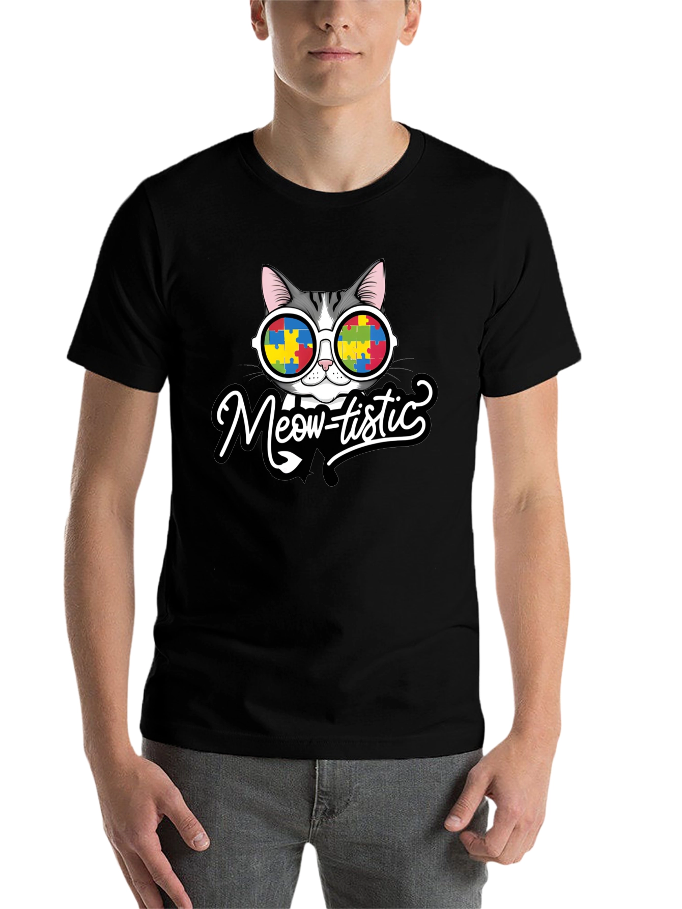 Black Meow-tistic Cat Autism Awareness T-Shirt view 7