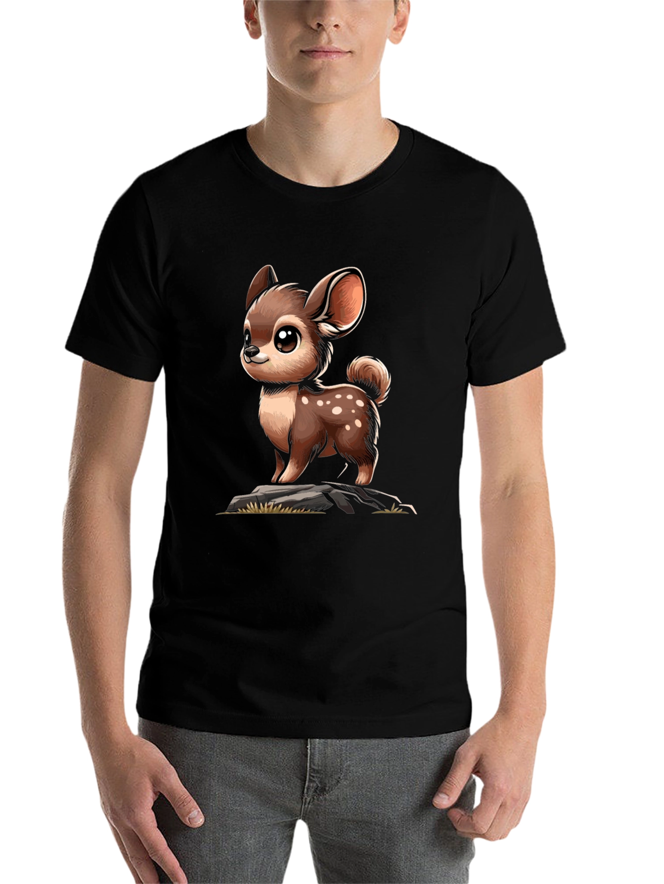Black Cute Deer Cartoon Graphic Black T-Shirt view 7
