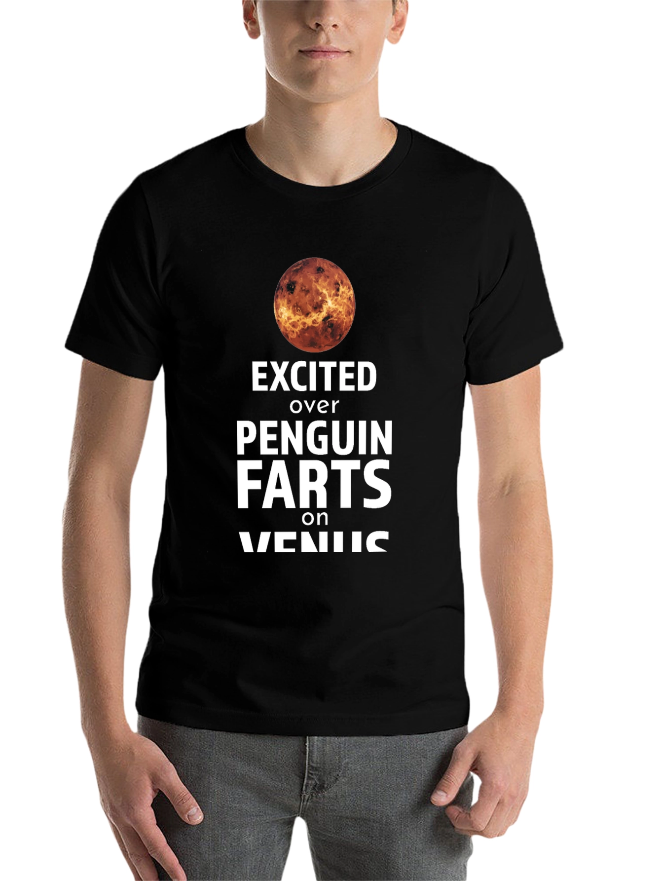 Black Excited Over Penguin Farts on Venus T-Shirt view 7