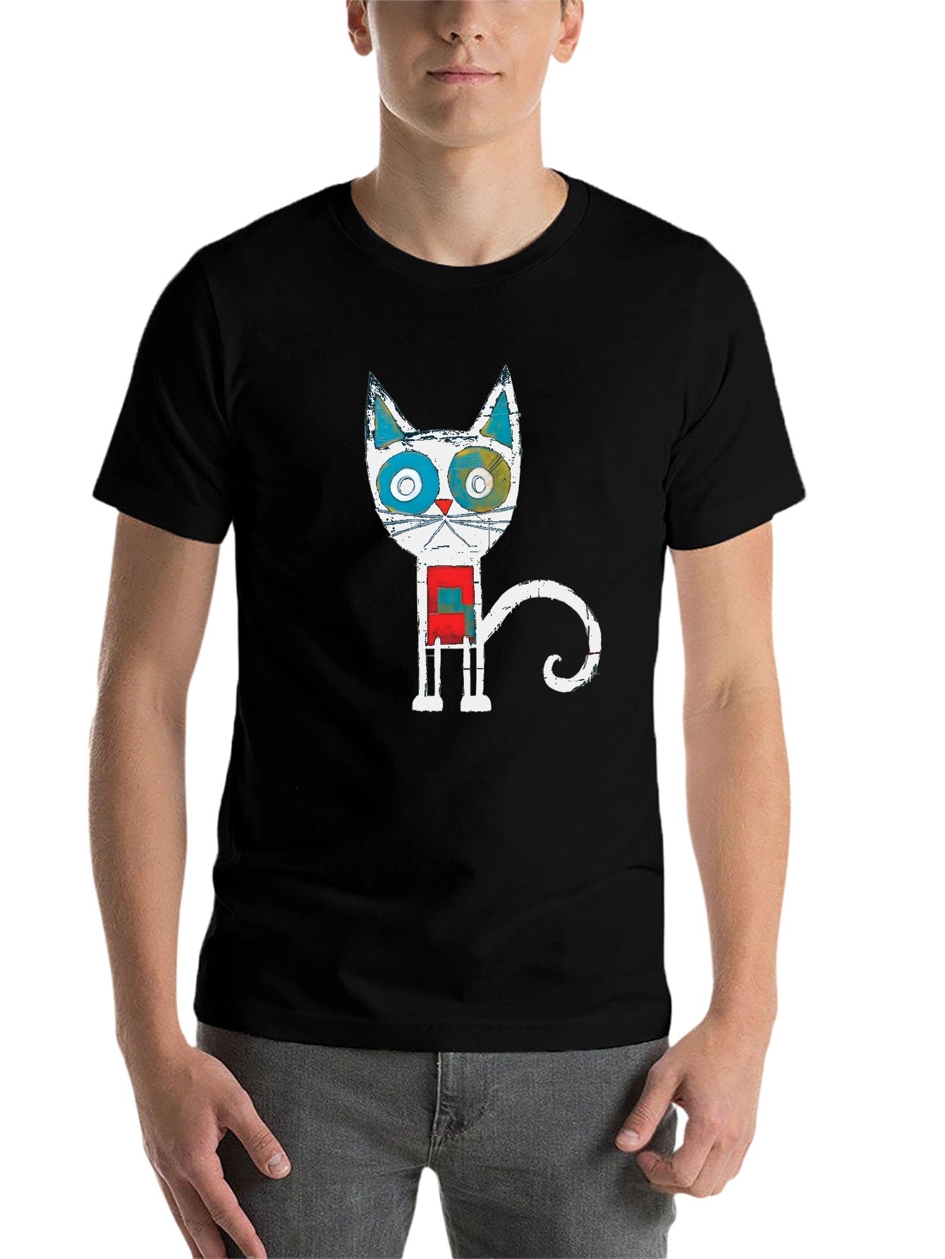 Black Abstract Cat Graphic Tee - Men's Black T-Shirt view 7