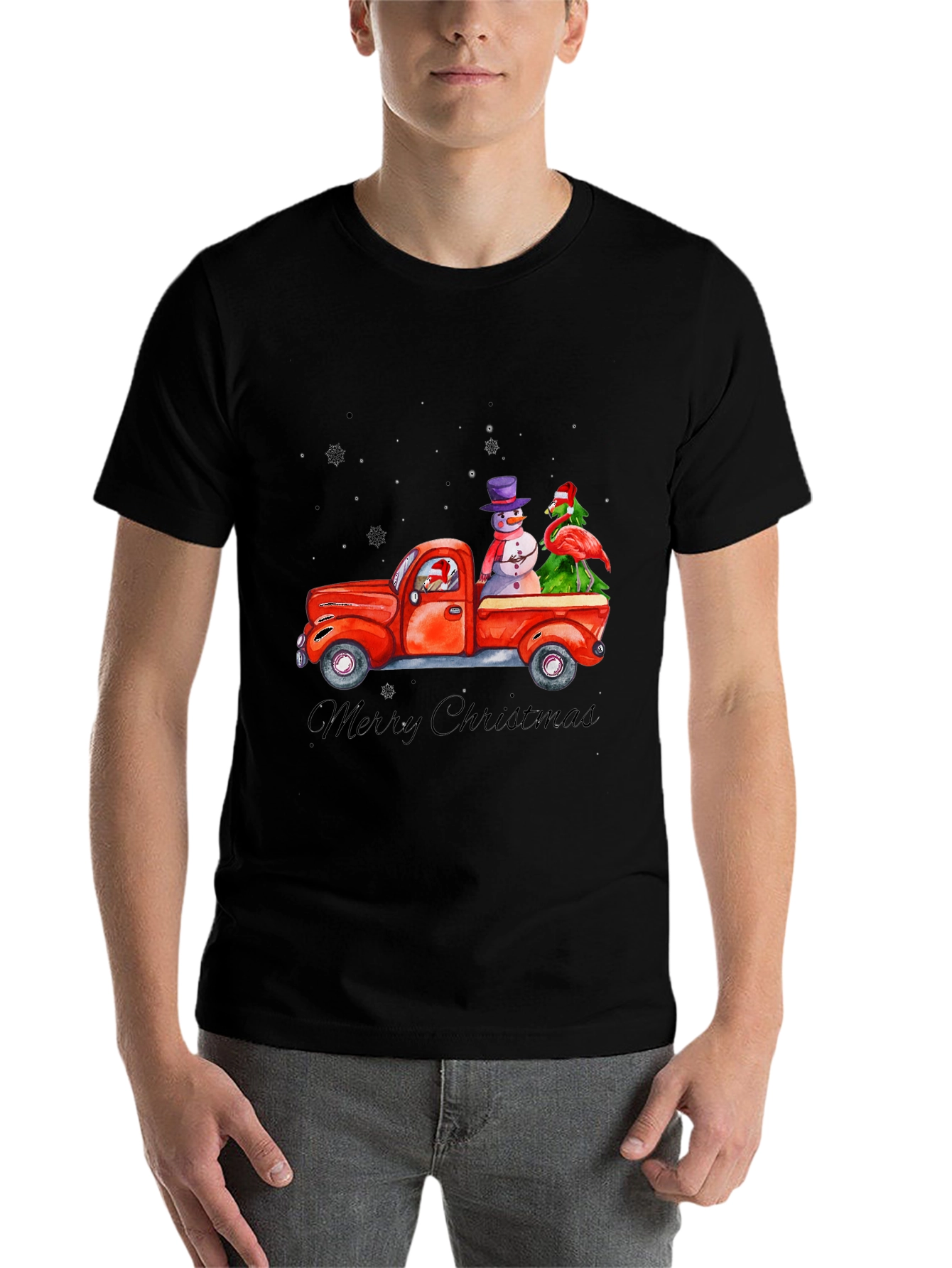 Black Christmas Truck T-Shirt with Snowman & Flamingo view 7