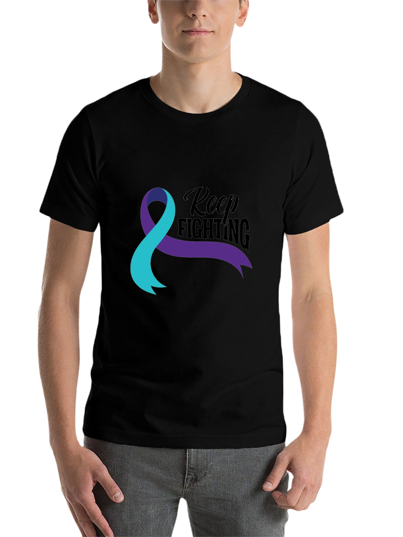 Black Keep Fighting Awareness Ribbon Graphic T-Shirt view 7