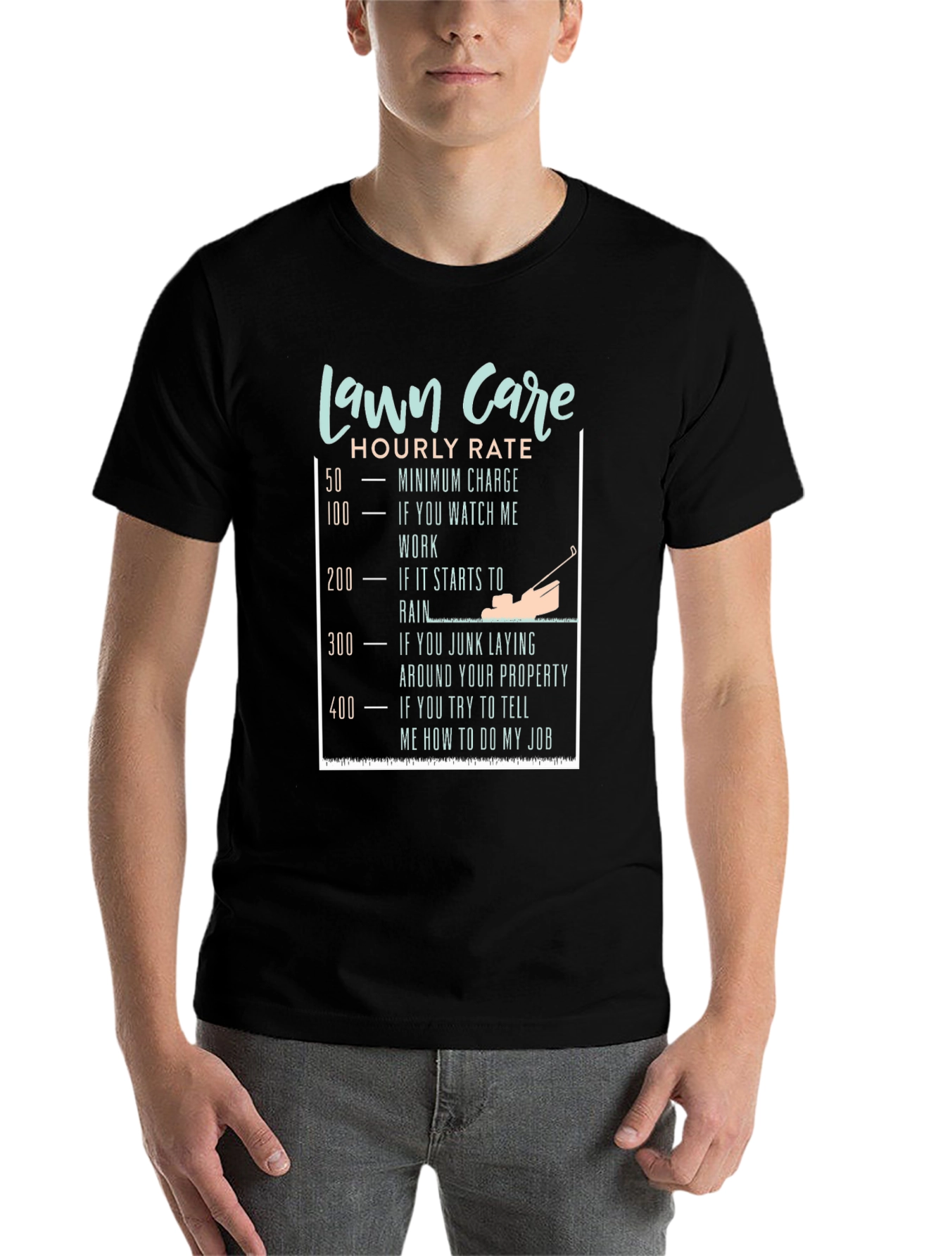 Black Funny Lawn Care Hourly Rate T-Shirt view 7