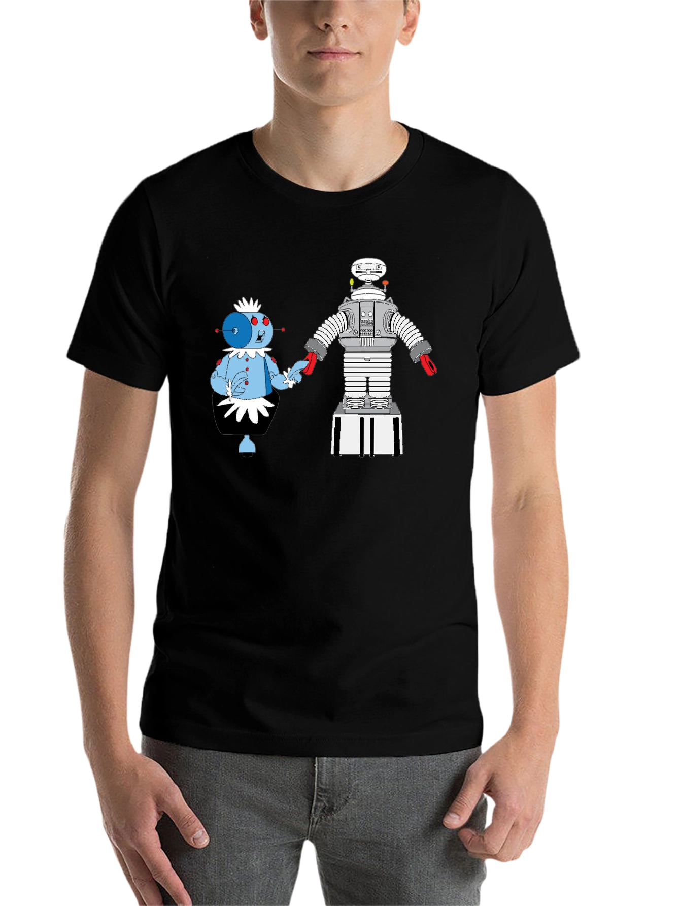 Black Robot Romance Graphic Tee - Black Cotton T-Shirt view 7