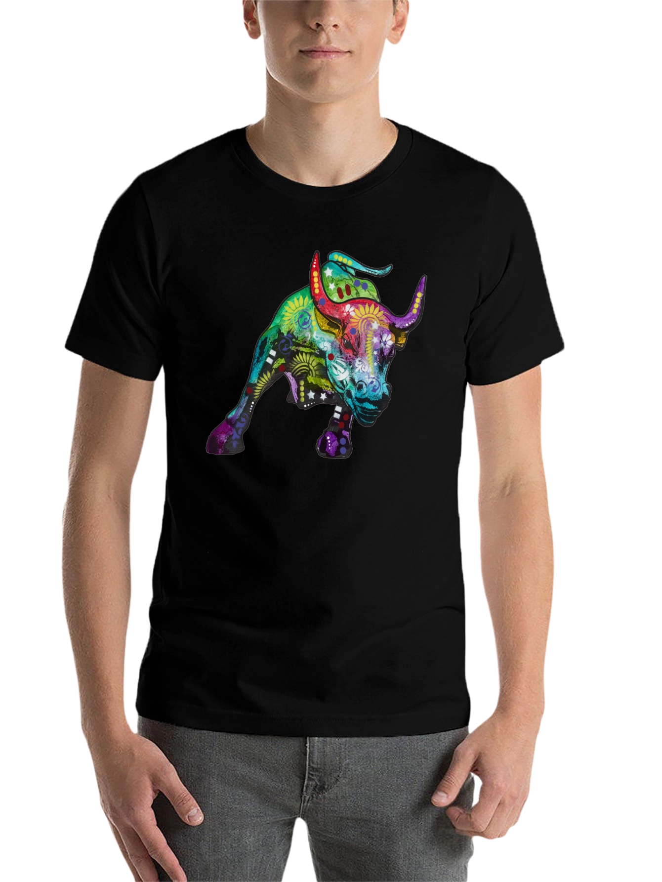 Black Colorful Bull Graphic Print Black T-Shirt view 7