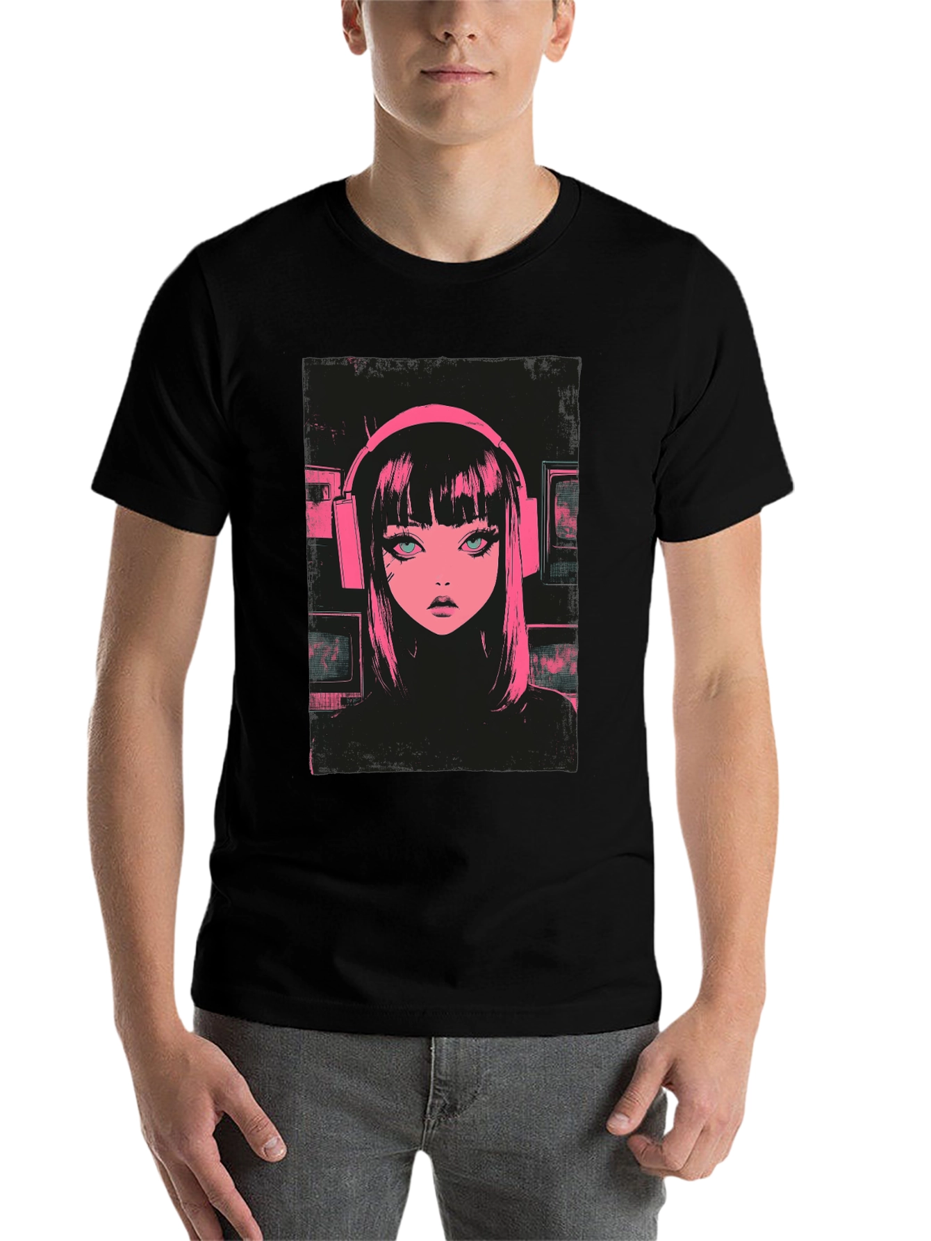 Black Anime Girl Pink Headphones Black T-Shirt view 7