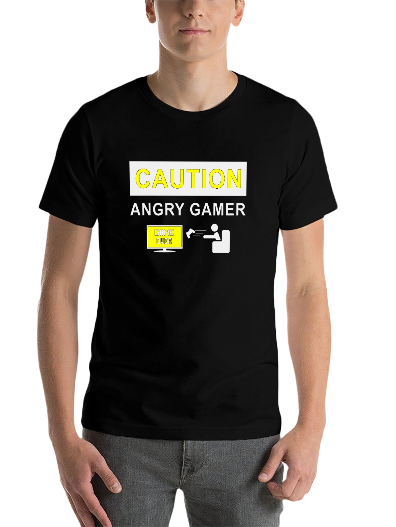 Black Angry Gamer Caution T-Shirt: Funny Video Game Tee view 7