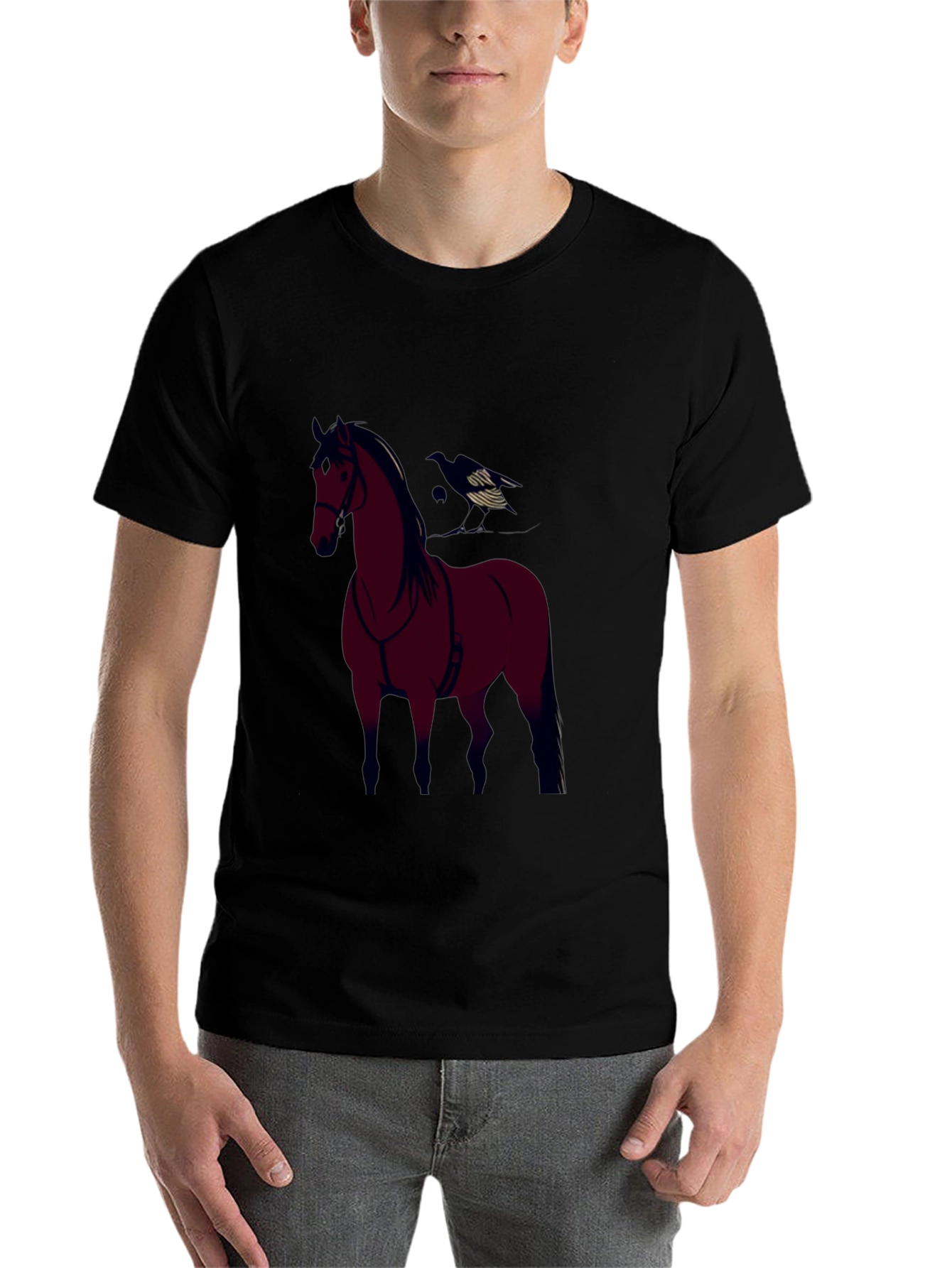 Black Horse and Crow Graphic Tee - Black Cotton Blend view 7