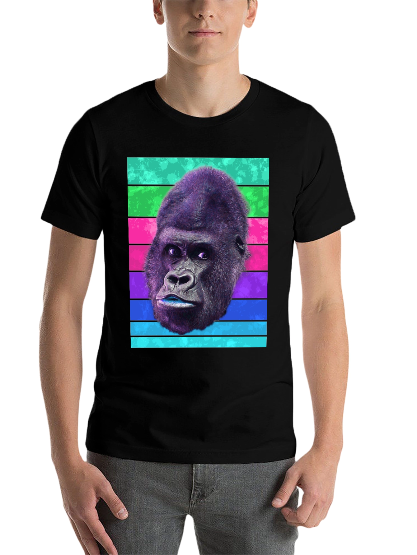 Black Gorilla Head T-Shirt - Retro Stripes, Unique Design view 7