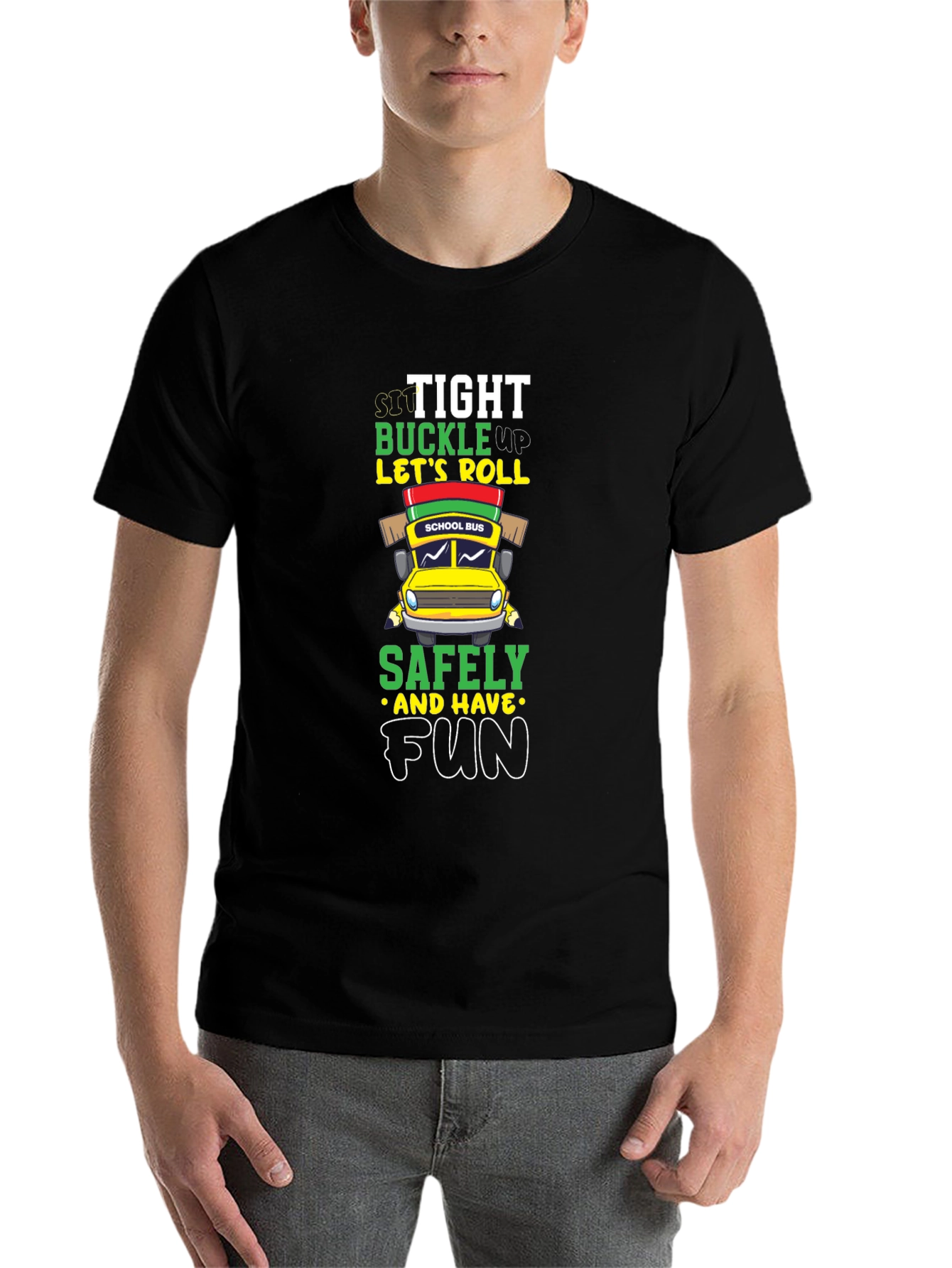 Black Sit Tight Buckle Up Let's Roll School Bus Graphic Tee view 7
