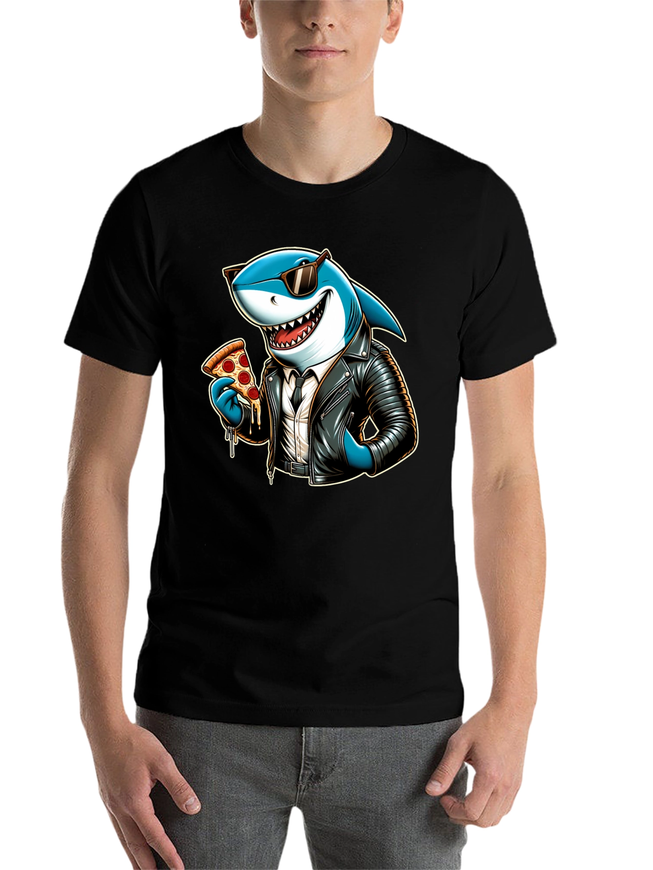 Black Cool Shark Pizza Graphic Tee view 7