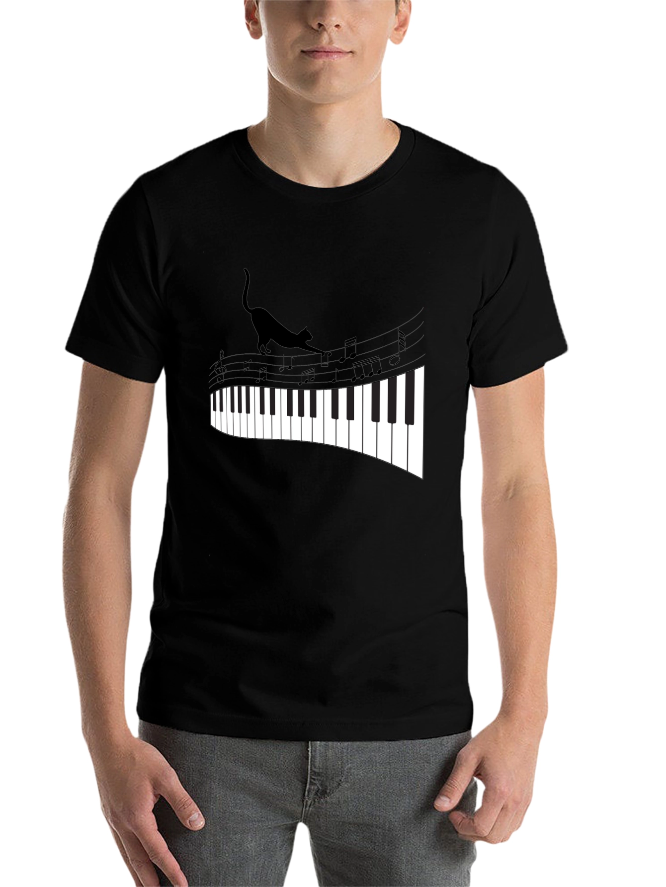 Black Cat Walking on Piano Keys Unisex T-Shirt view 7