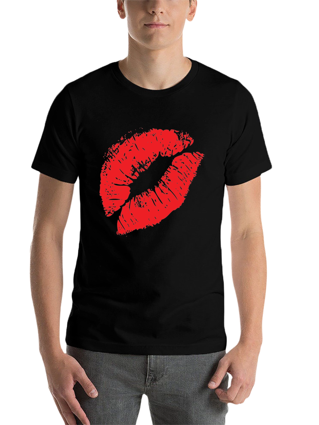 Black Red Lips Print Black T-Shirt view 7