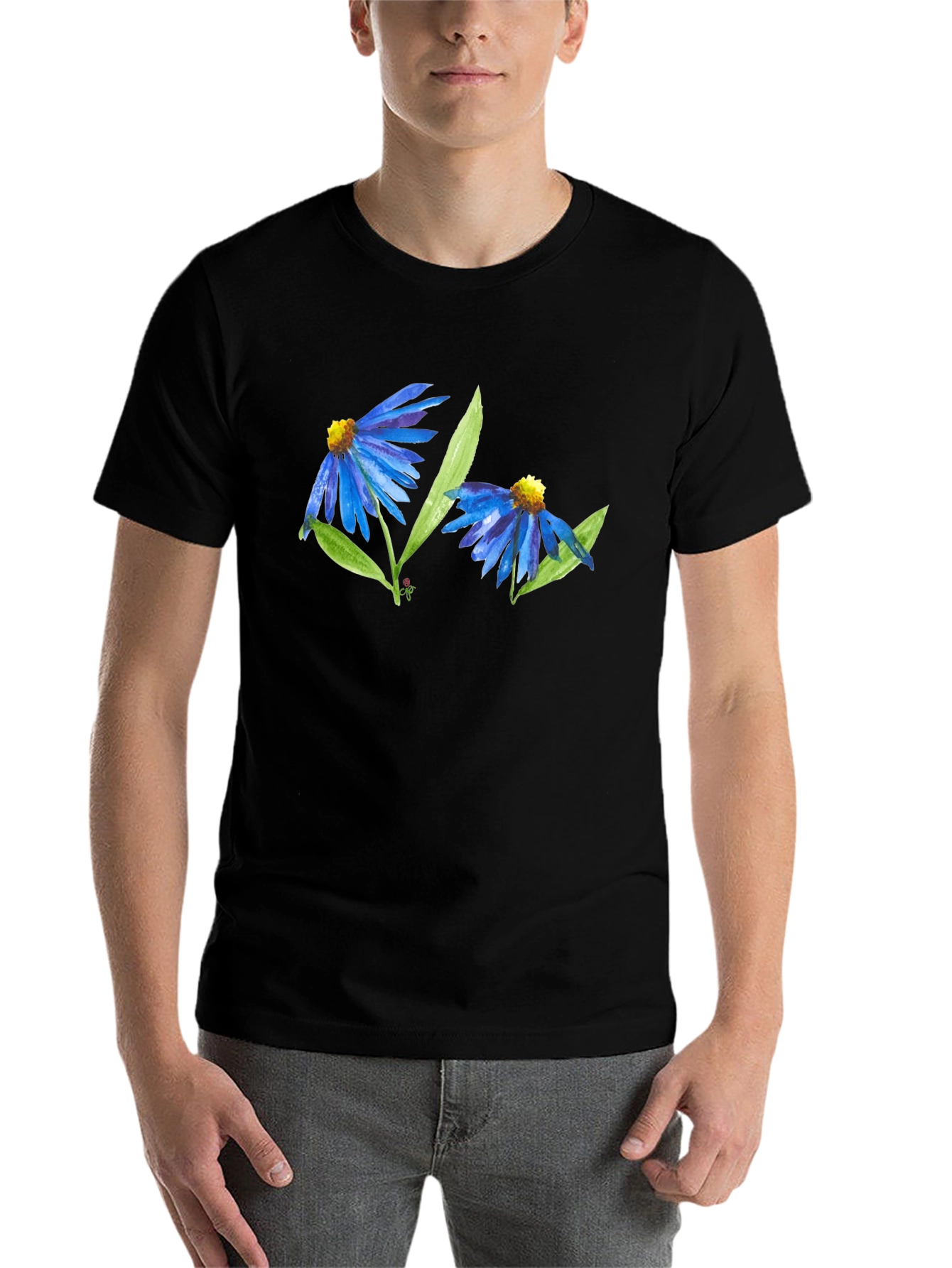 Black Blue Flower Graphic T-Shirt - Soft Cotton Blend view 7