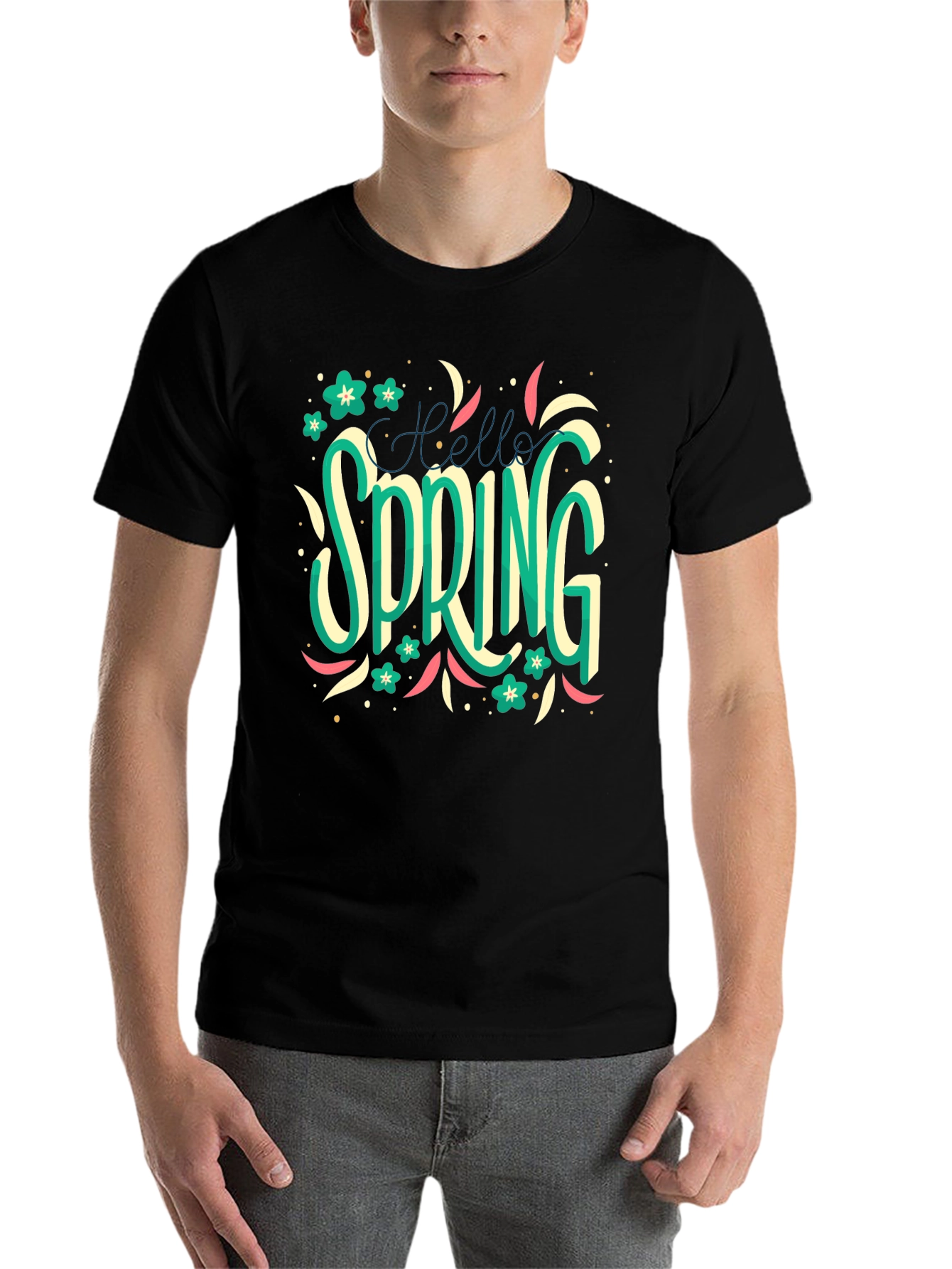 Black Hello Spring T-Shirt: Floral Season Style view 7
