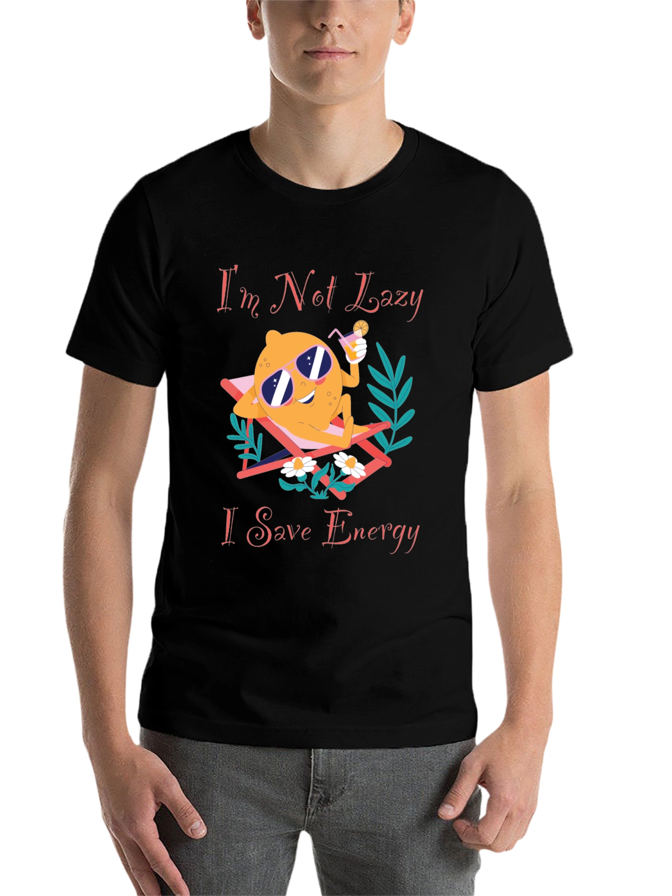 Black Funny Save Energy T-Shirt - Lazy Lemon Lounging Design view 7