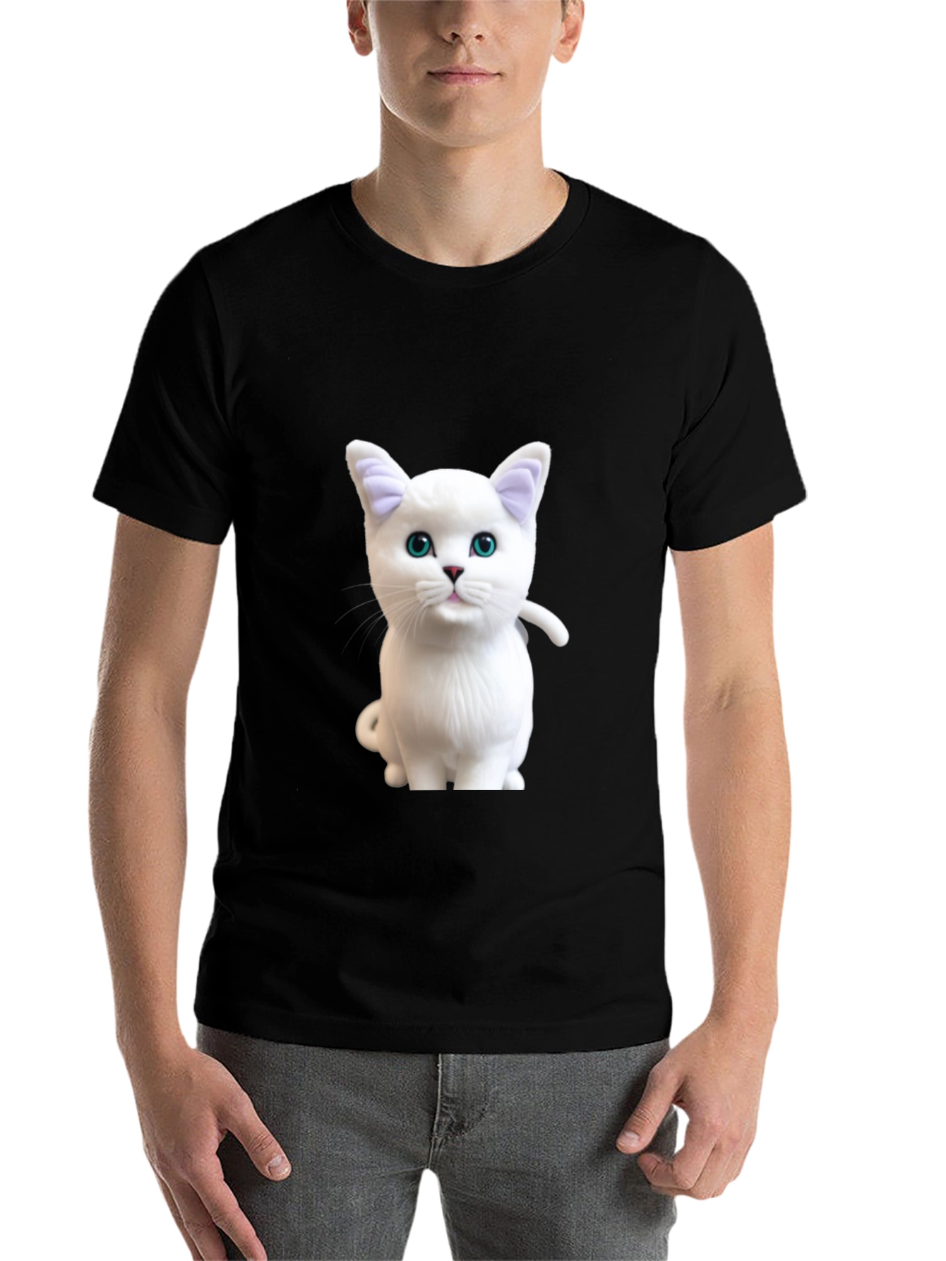 Black Cute White Cat Graphic Print Black T-Shirt view 7